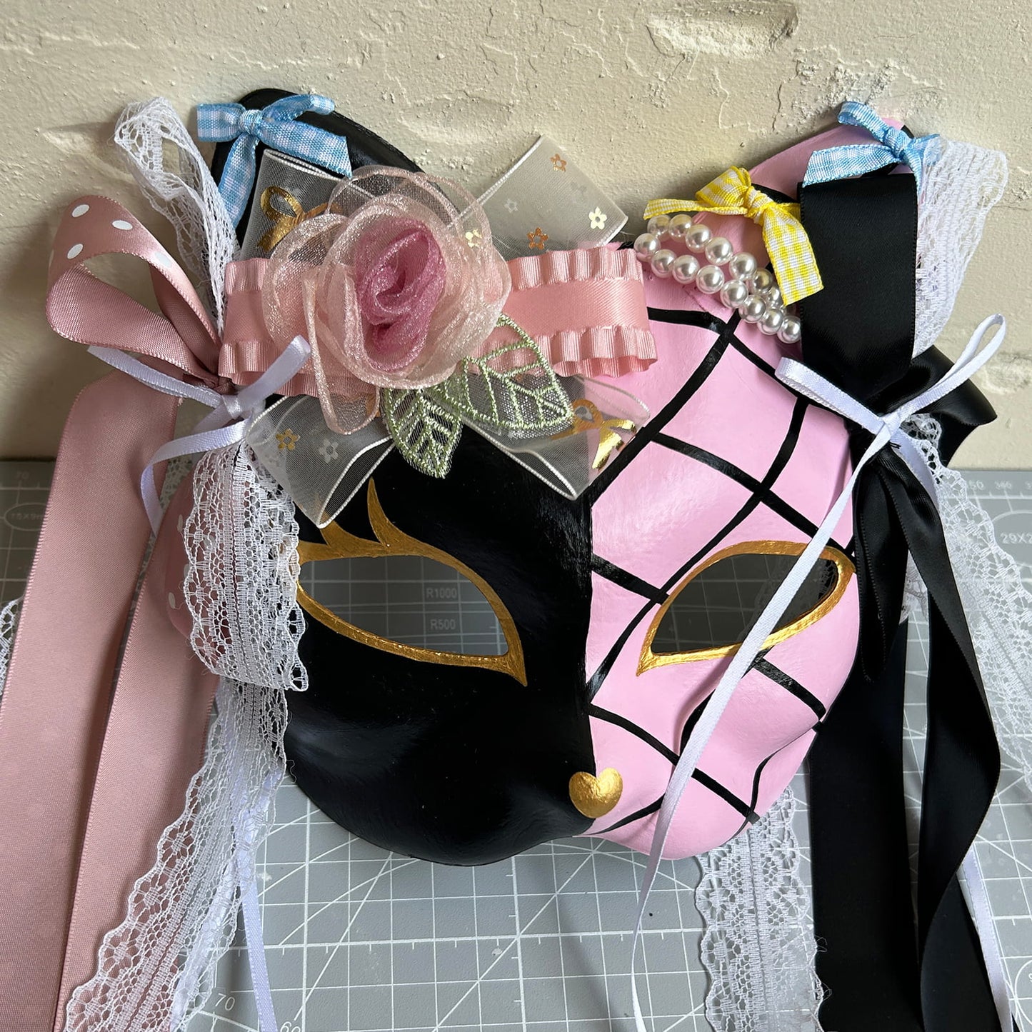 Original design handmade  Pink Check cat mask  kabuki 04