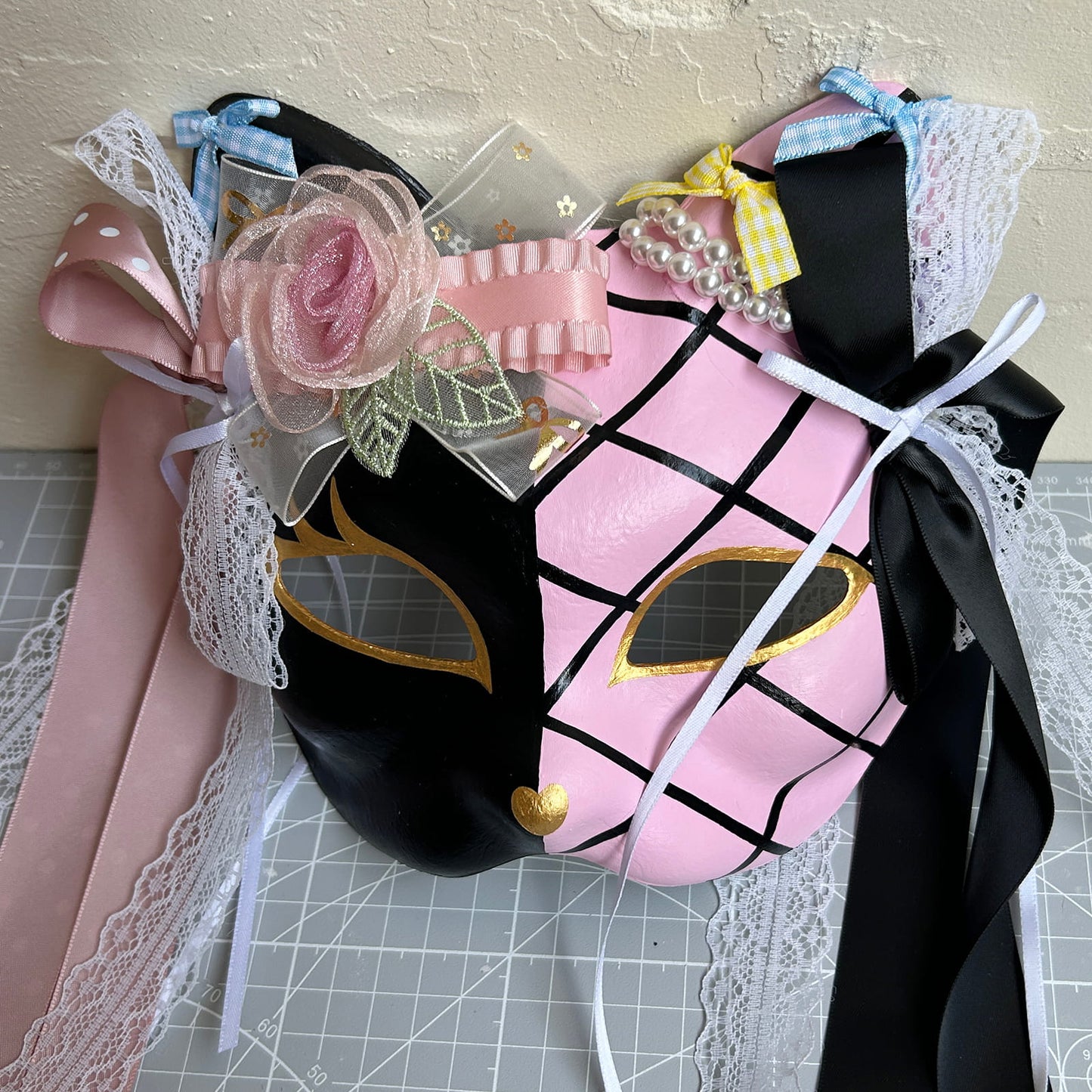 Original design handmade  Pink Check cat mask  kabuki 04