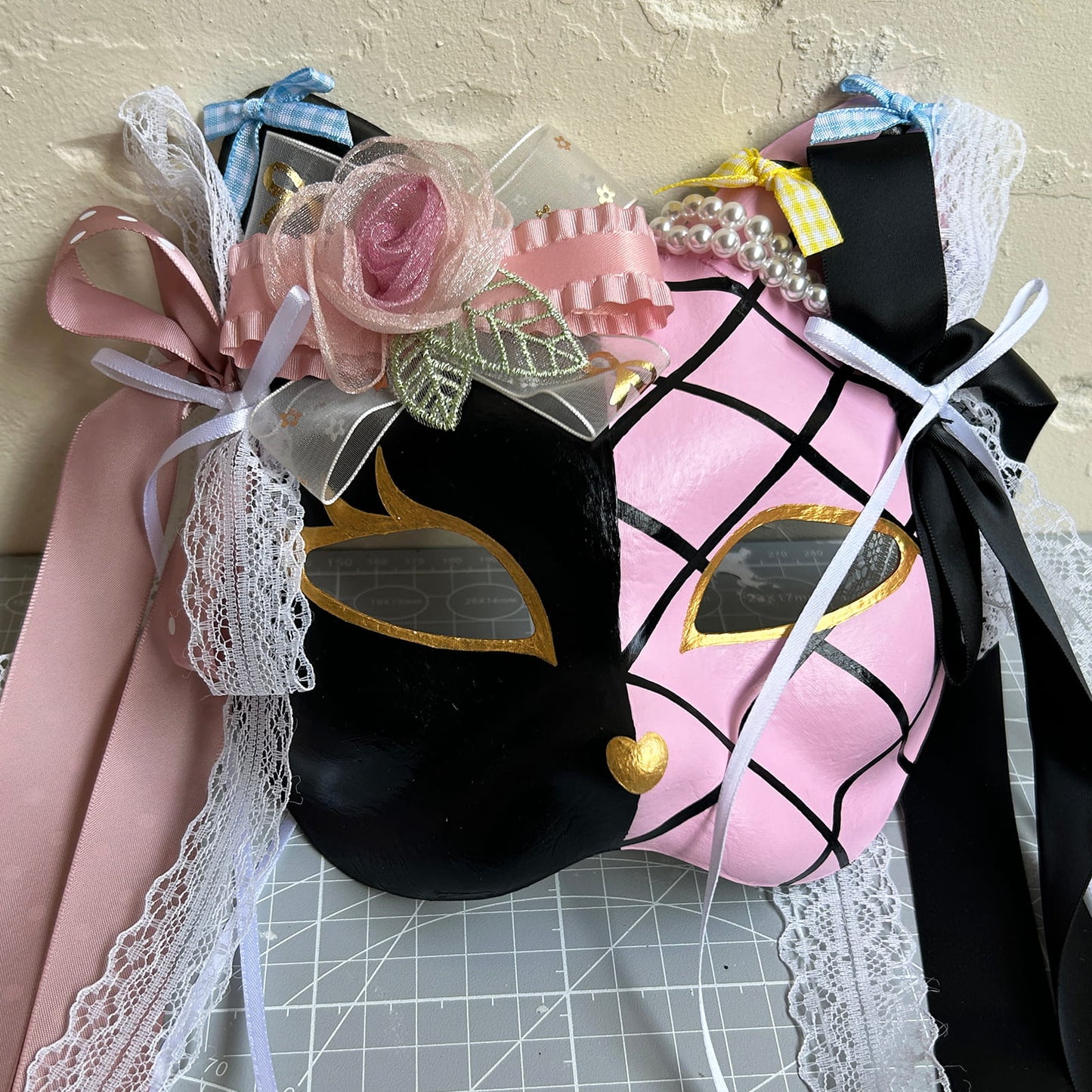 Original design handmade  Pink Check cat mask  kabuki 04
