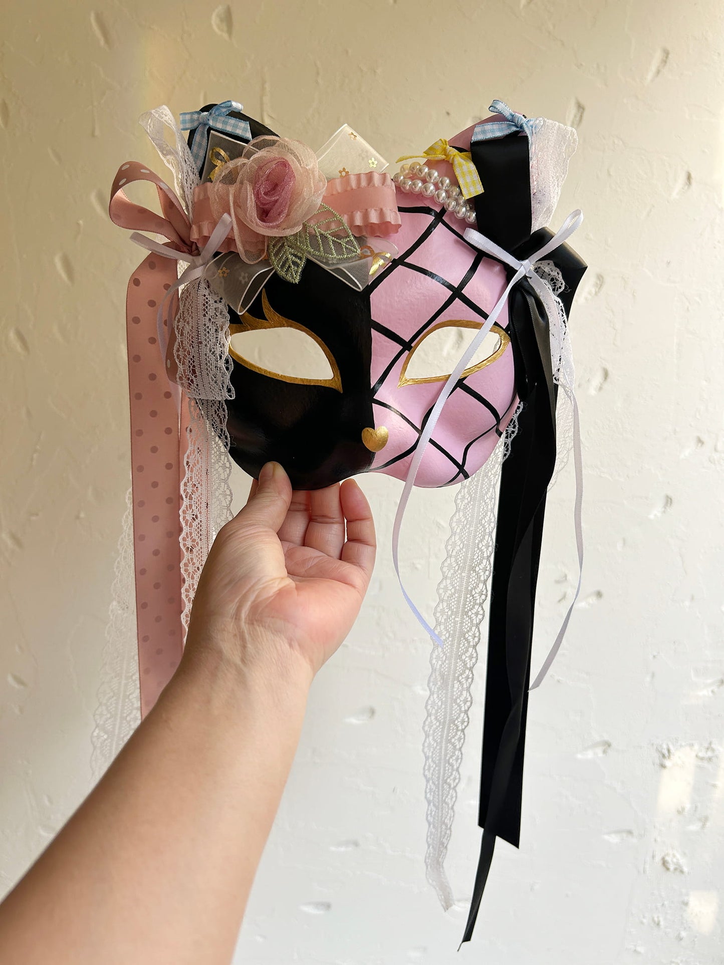 Original design handmade  Pink Check cat mask  kabuki 04