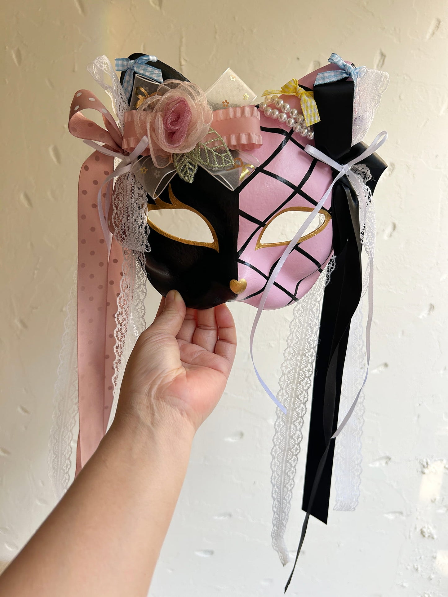 Original design handmade  Pink Check cat mask  kabuki 04