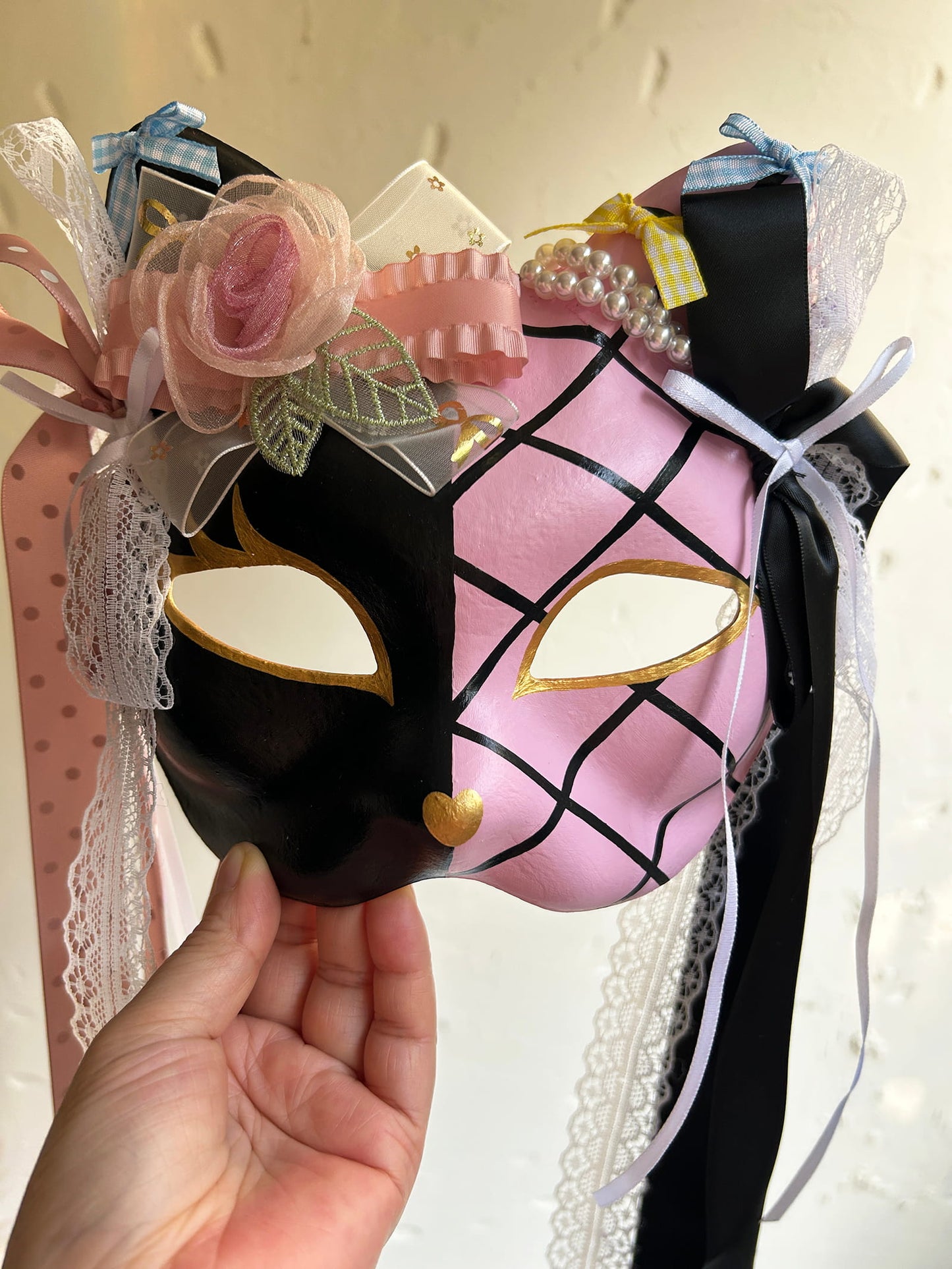 Original design handmade  Pink Check cat mask  kabuki 04