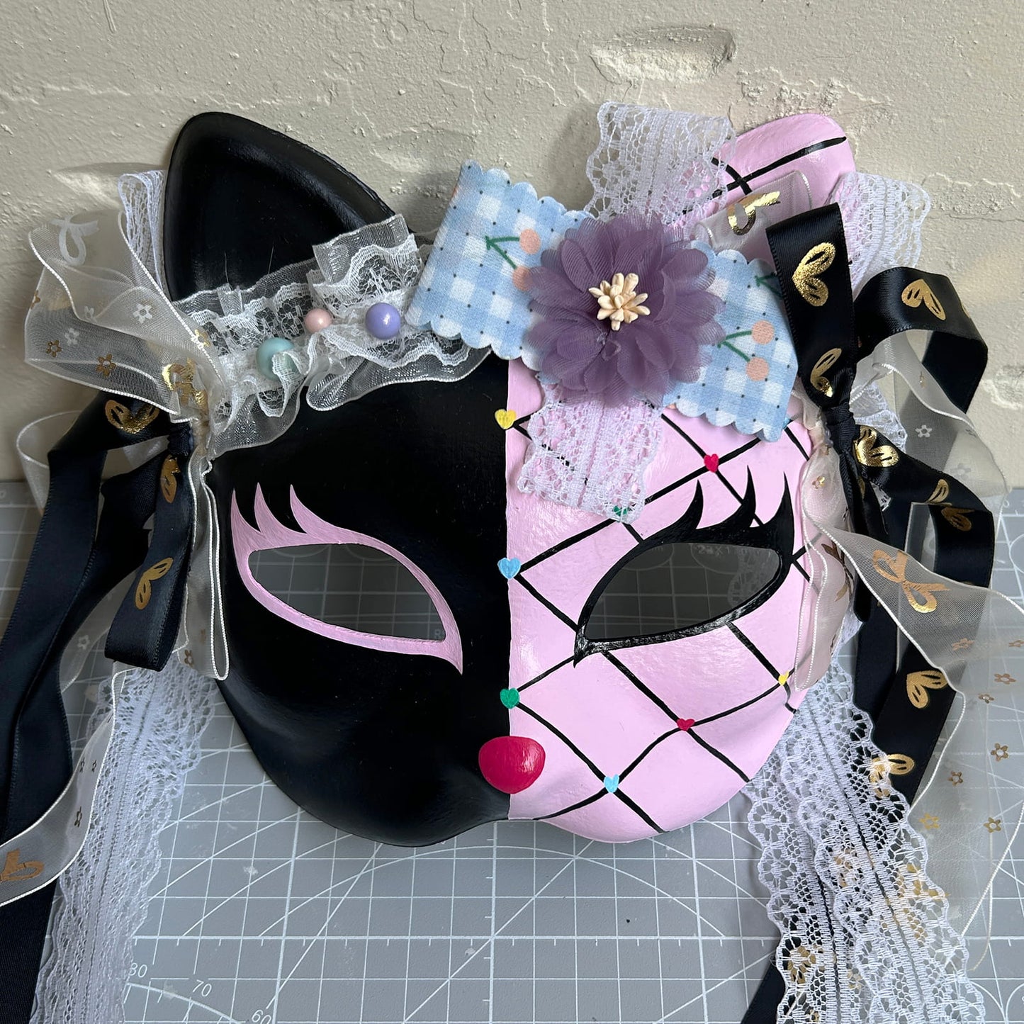 Original design handmade  Pink Check cat mask  kabuki 05