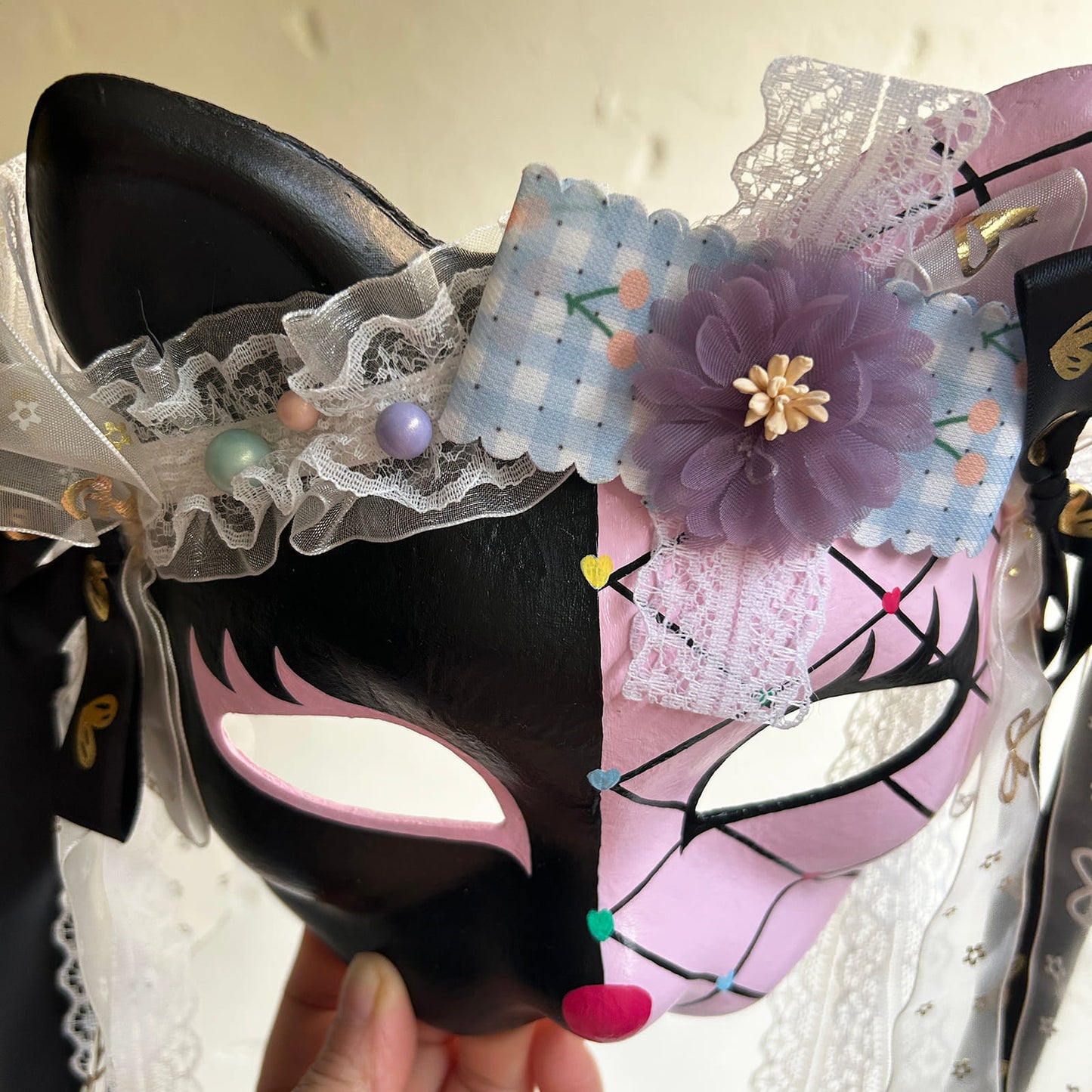 Original design handmade  Pink Check cat mask  kabuki 05