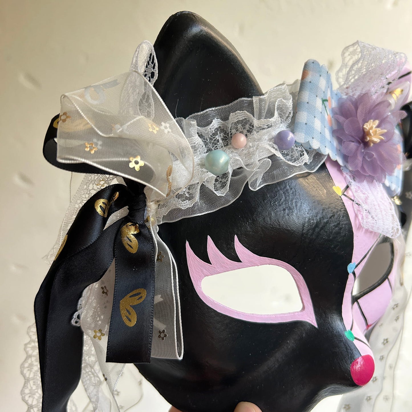 Original design handmade  Pink Check cat mask  kabuki 05
