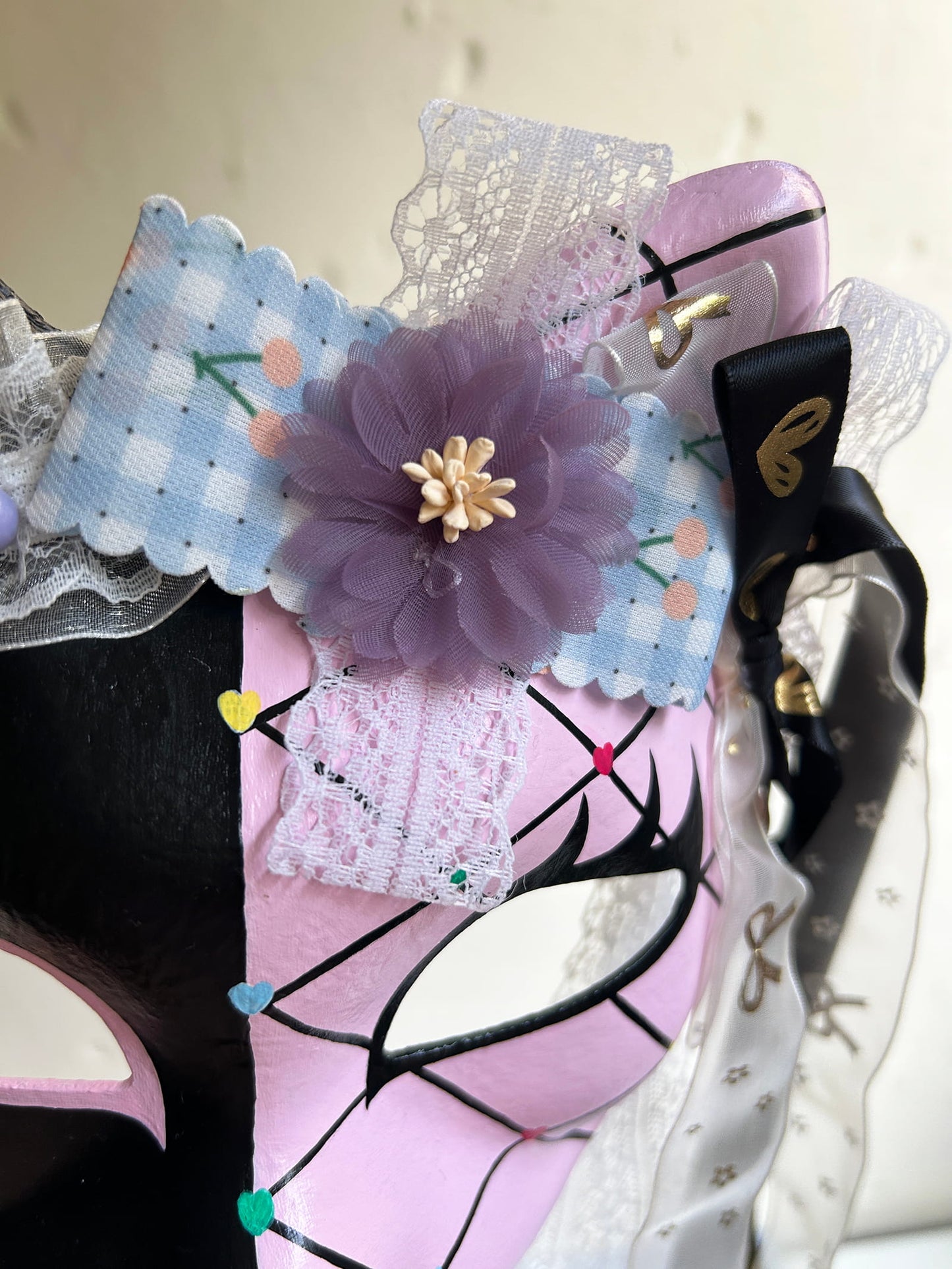 Original design handmade  Pink Check cat mask  kabuki 05