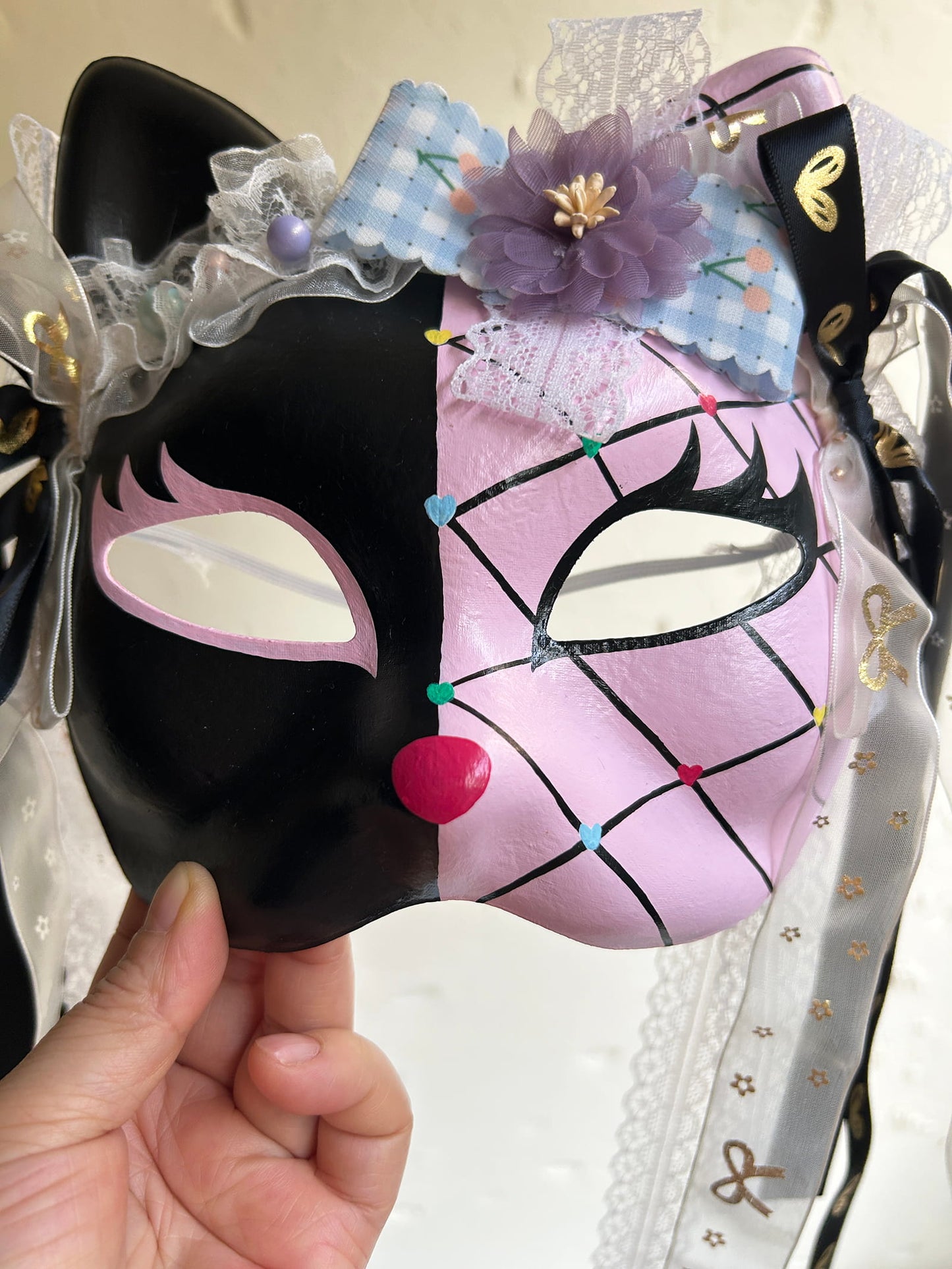 Original design handmade  Pink Check cat mask  kabuki 05