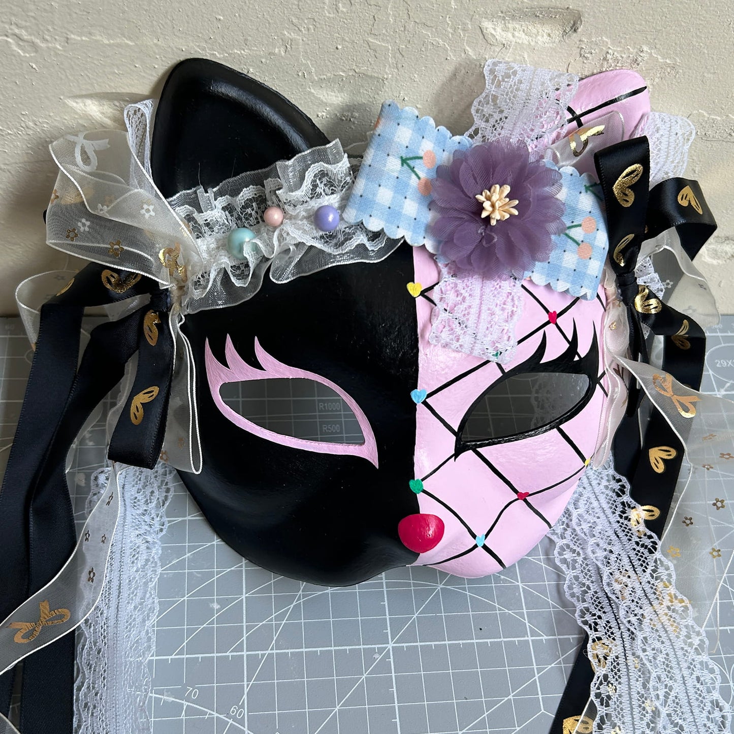 Original design handmade  Pink Check cat mask  kabuki 05