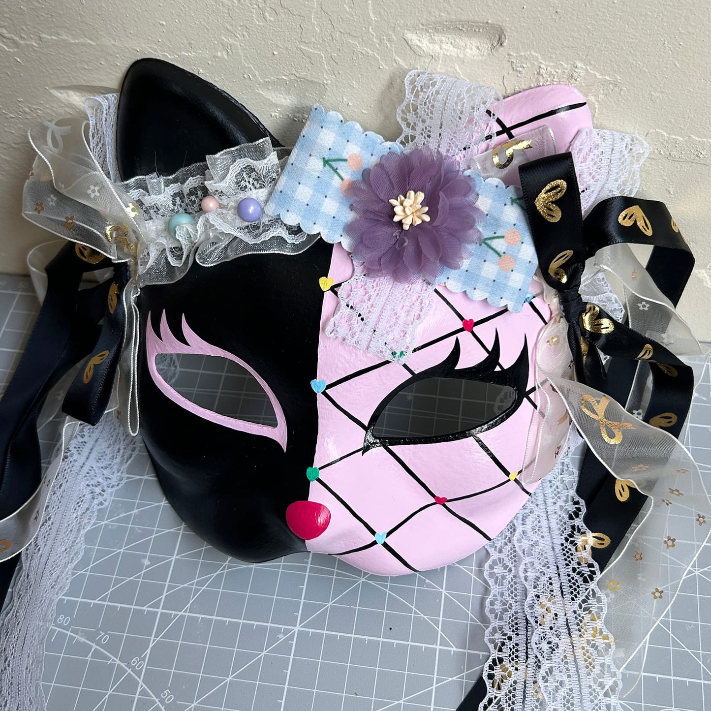 Original design handmade  Pink Check cat mask  kabuki 05