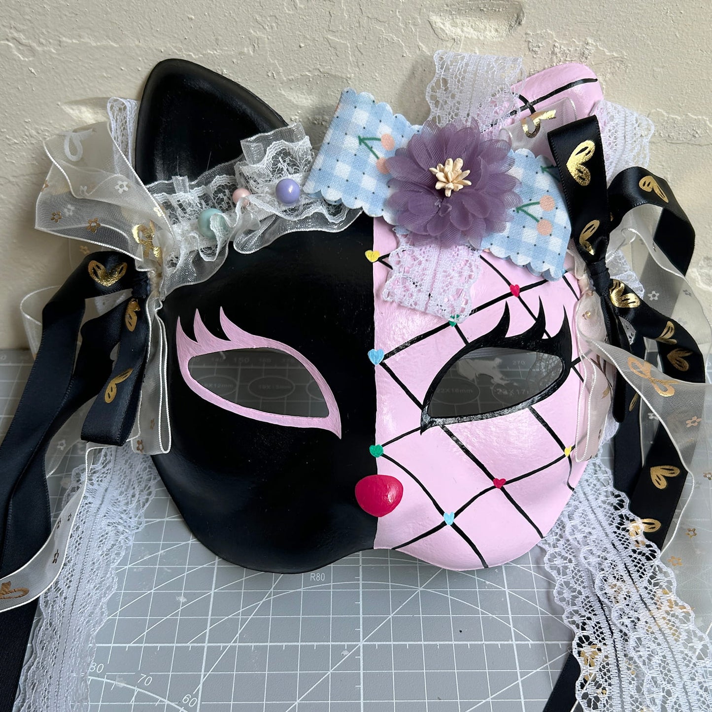Original design handmade  Pink Check cat mask  kabuki 05