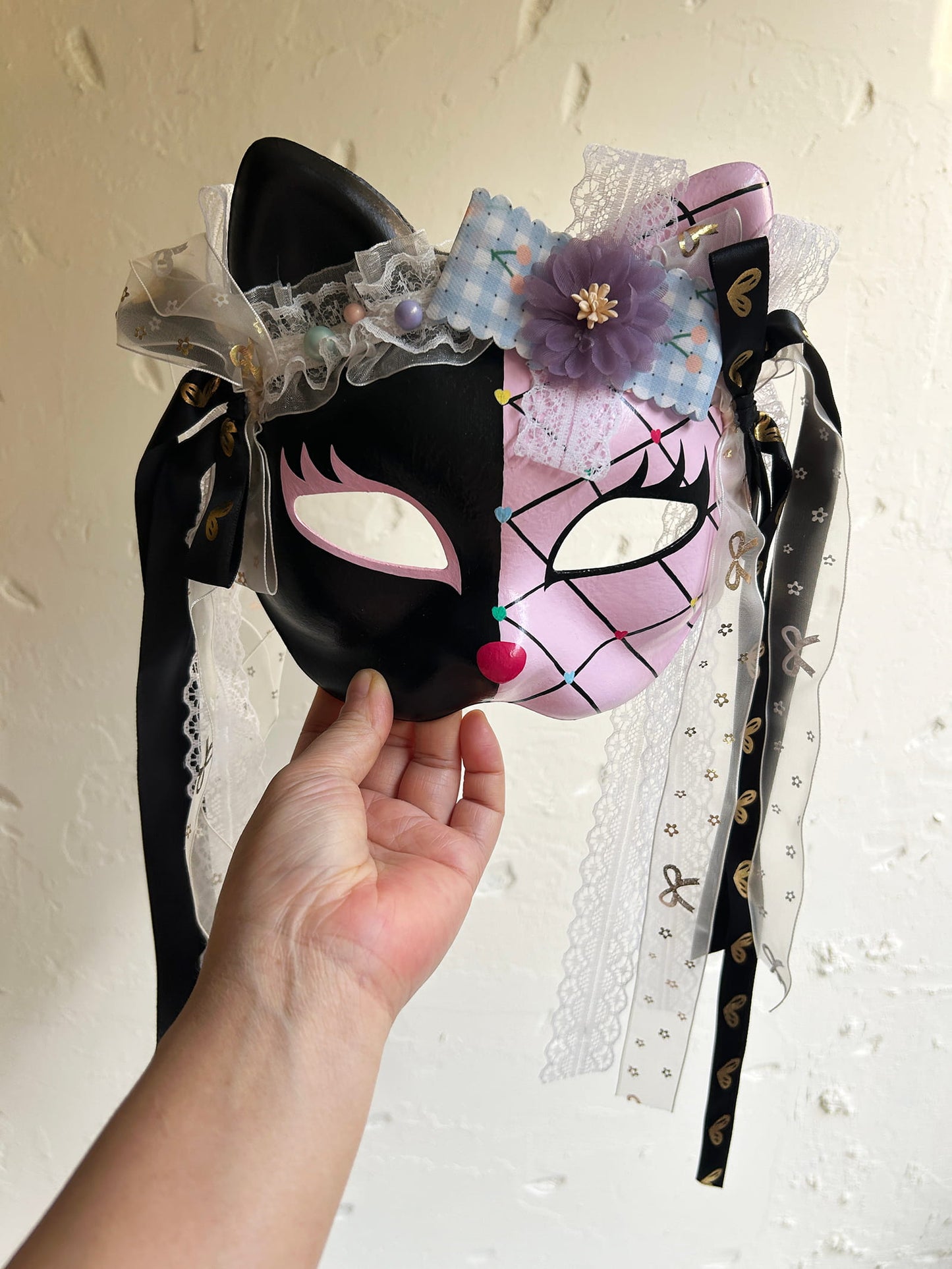 Original design handmade  Pink Check cat mask  kabuki 05