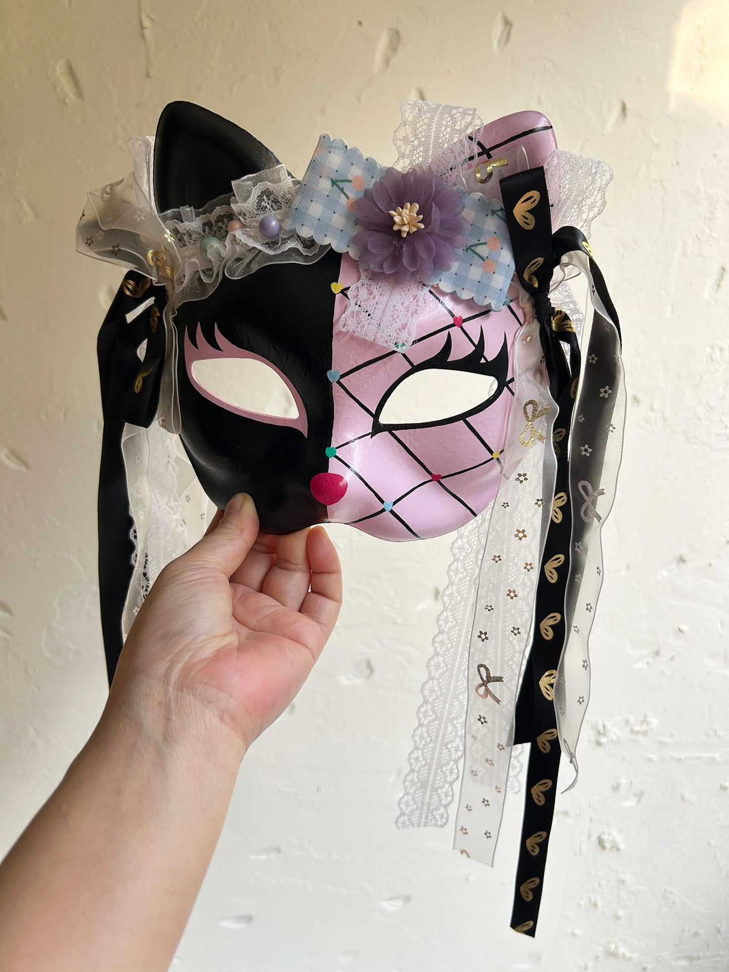 Original design handmade  Pink Check cat mask  kabuki 05