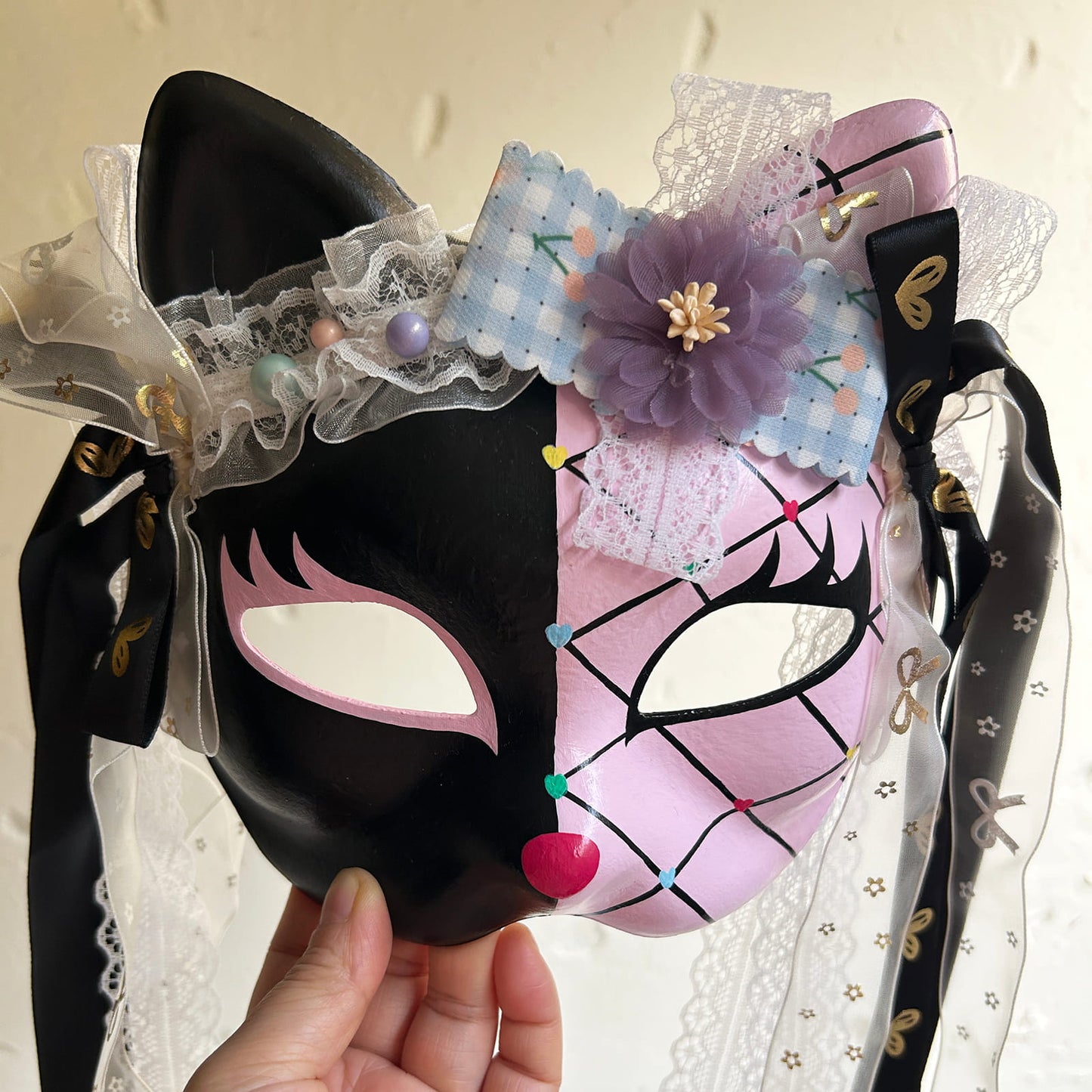 Original design handmade  Pink Check cat mask  kabuki 05