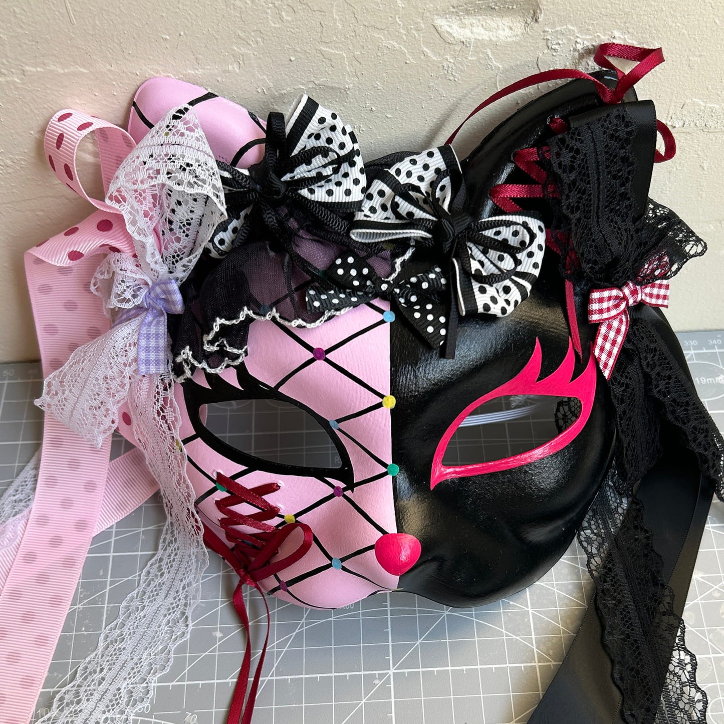 Original design handmade  Pink Check cat mask  kabuki 06
