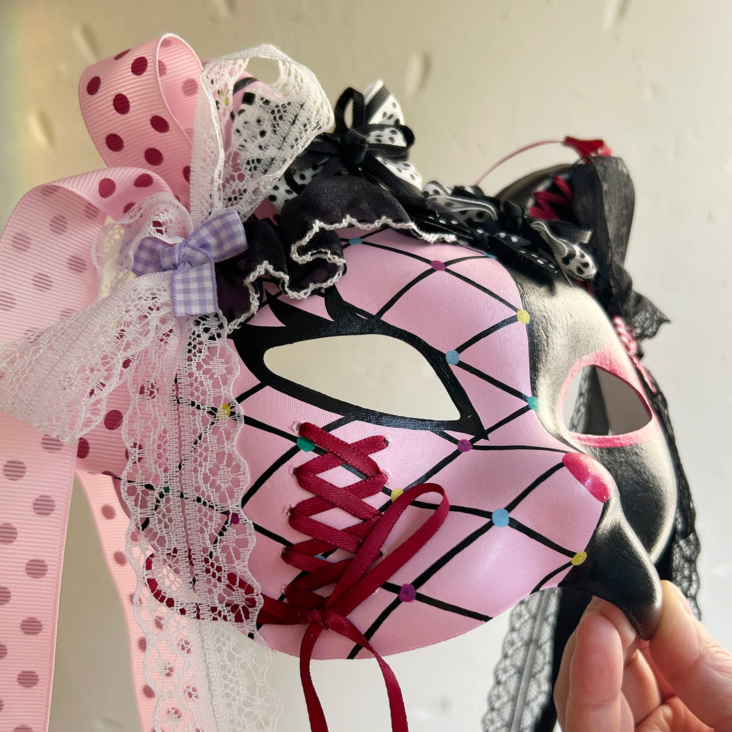 Original design handmade  Pink Check cat mask  kabuki 06