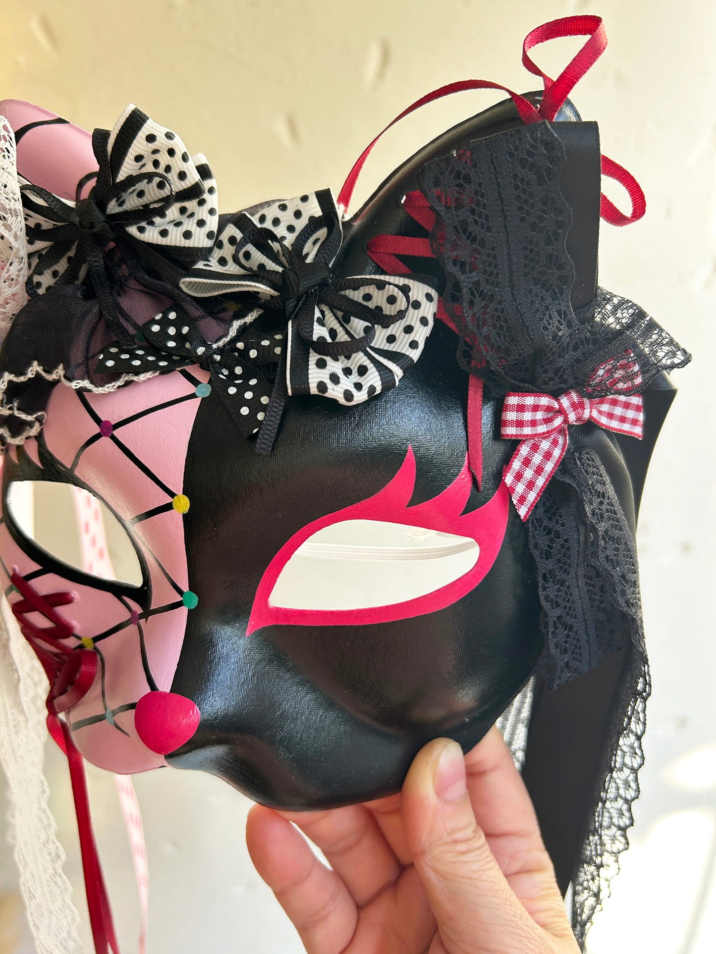 Original design handmade  Pink Check cat mask  kabuki 06