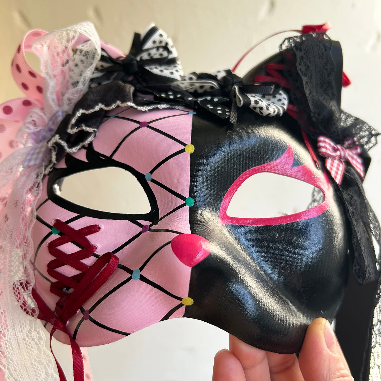 Original design handmade  Pink Check cat mask  kabuki 06