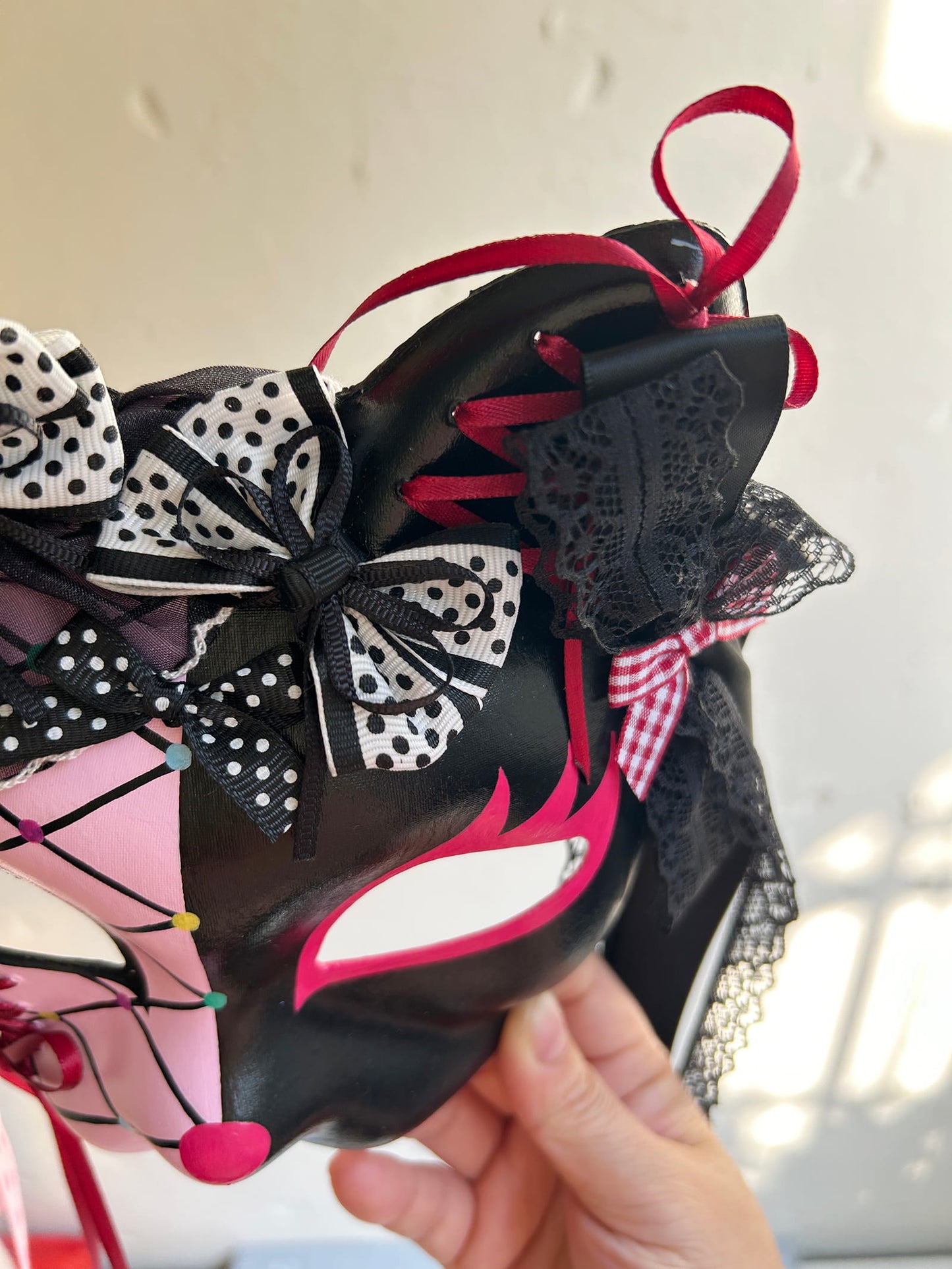 Original design handmade  Pink Check cat mask  kabuki 06