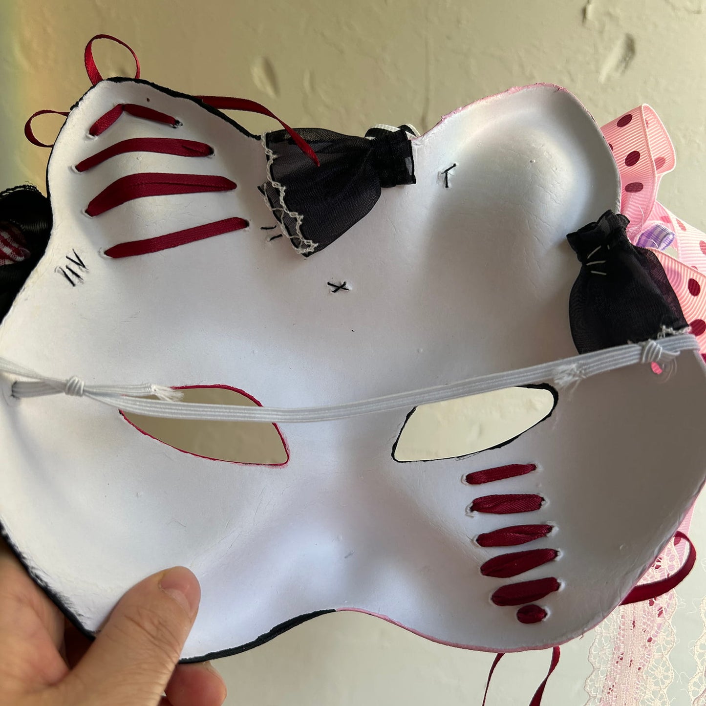 Original design handmade  Pink Check cat mask  kabuki 06