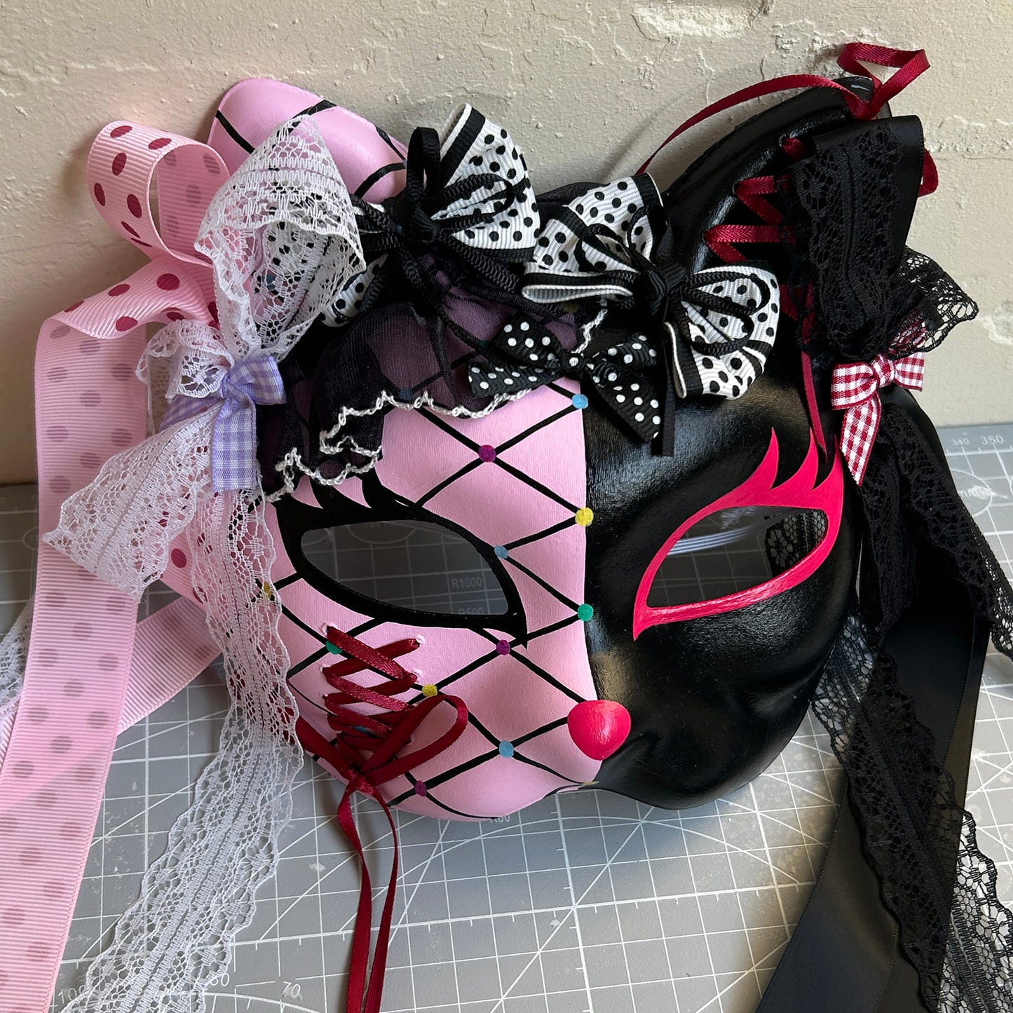 Original design handmade  Pink Check cat mask  kabuki 06
