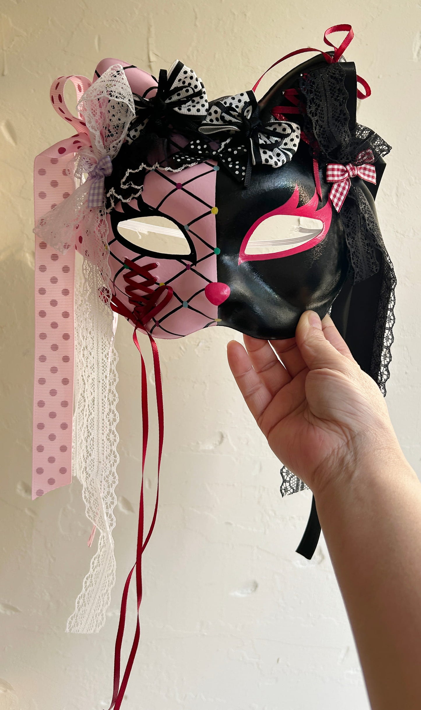 Original design handmade  Pink Check cat mask  kabuki 06