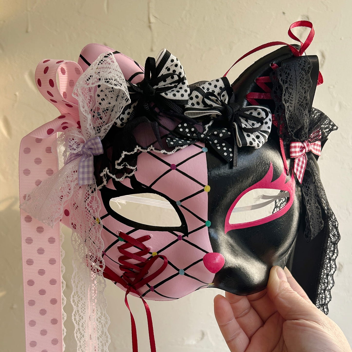 Original design handmade  Pink Check cat mask  kabuki 06
