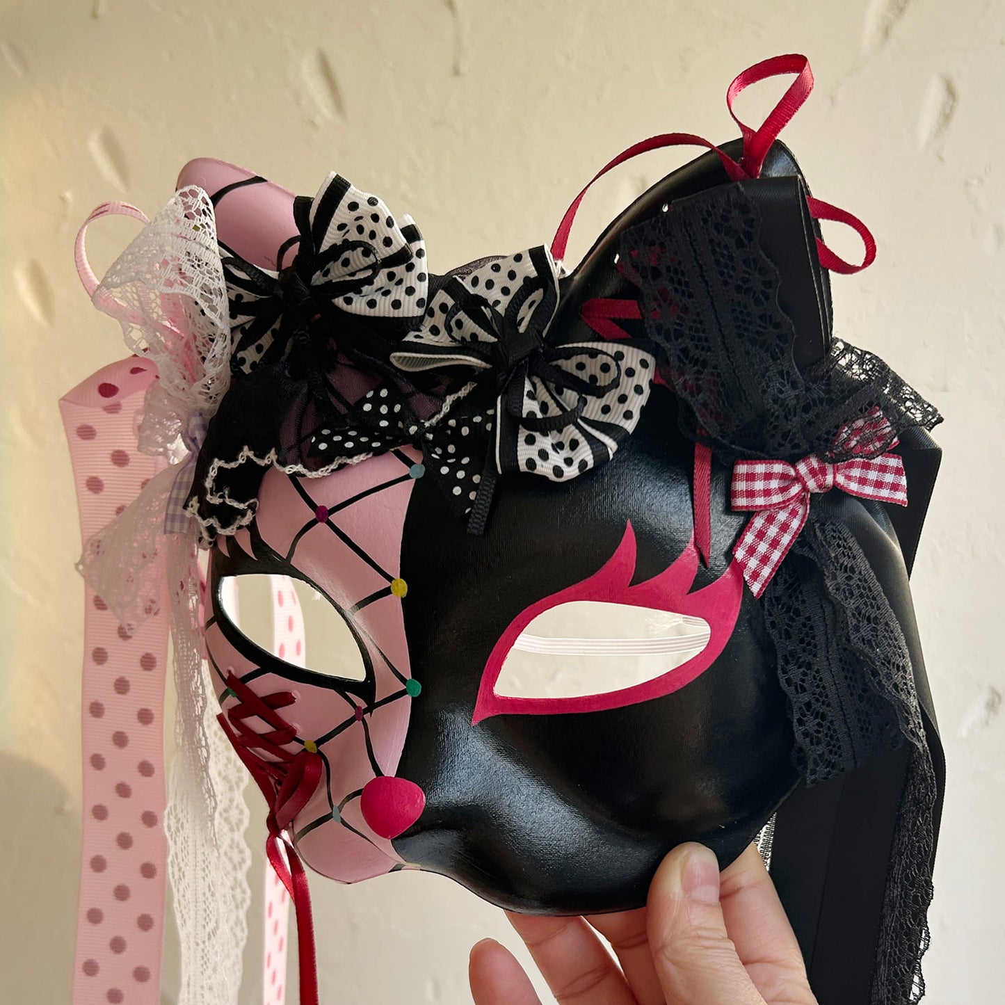 Original design handmade  Pink Check cat mask  kabuki 06