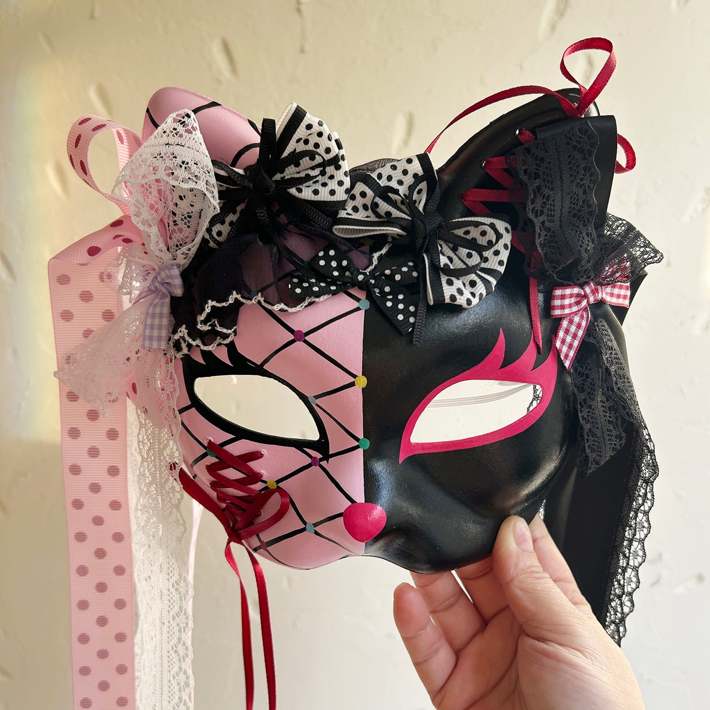 Original design handmade  Pink Check cat mask  kabuki 06