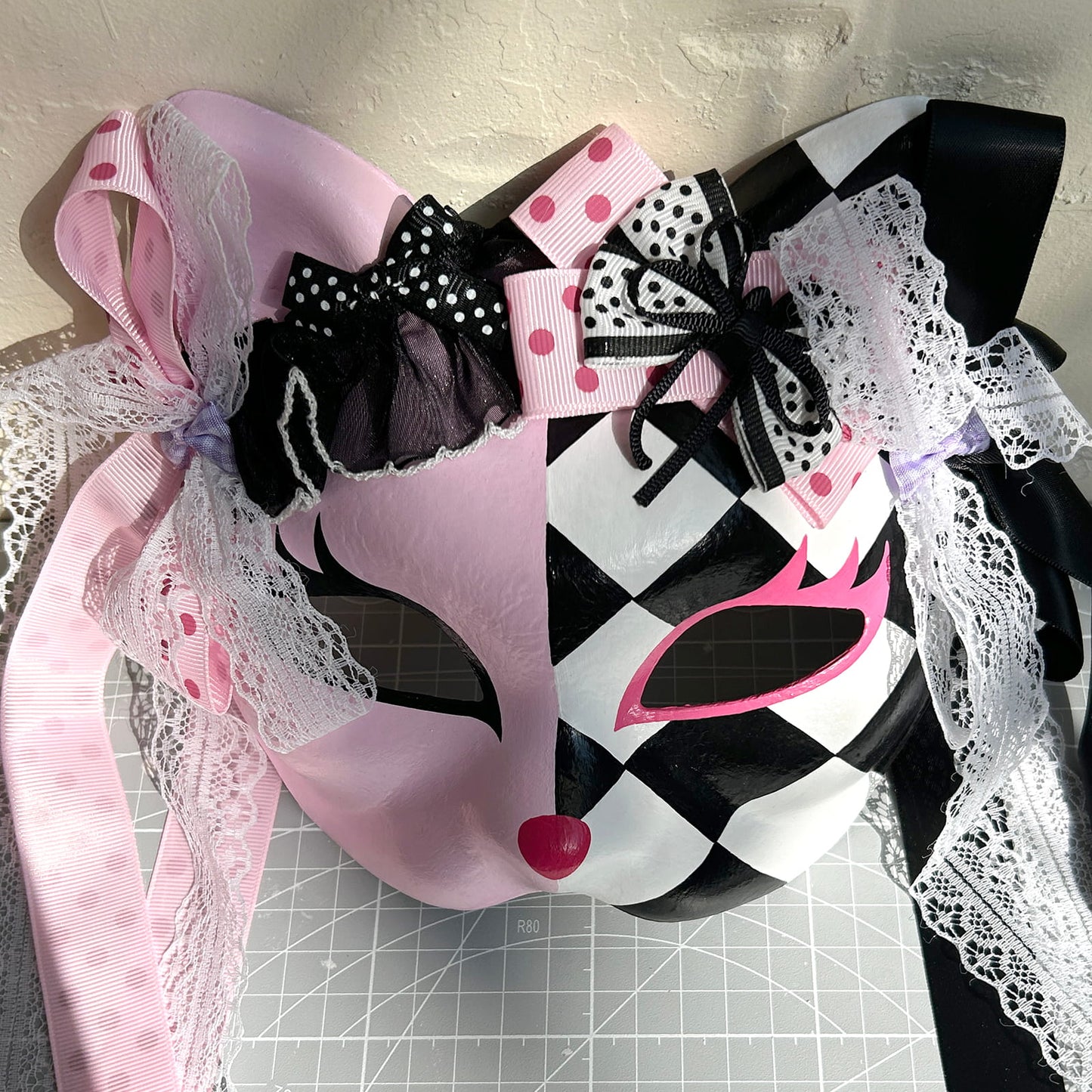 Original design handmade  Pink Checkered cat mask  kabuki 01