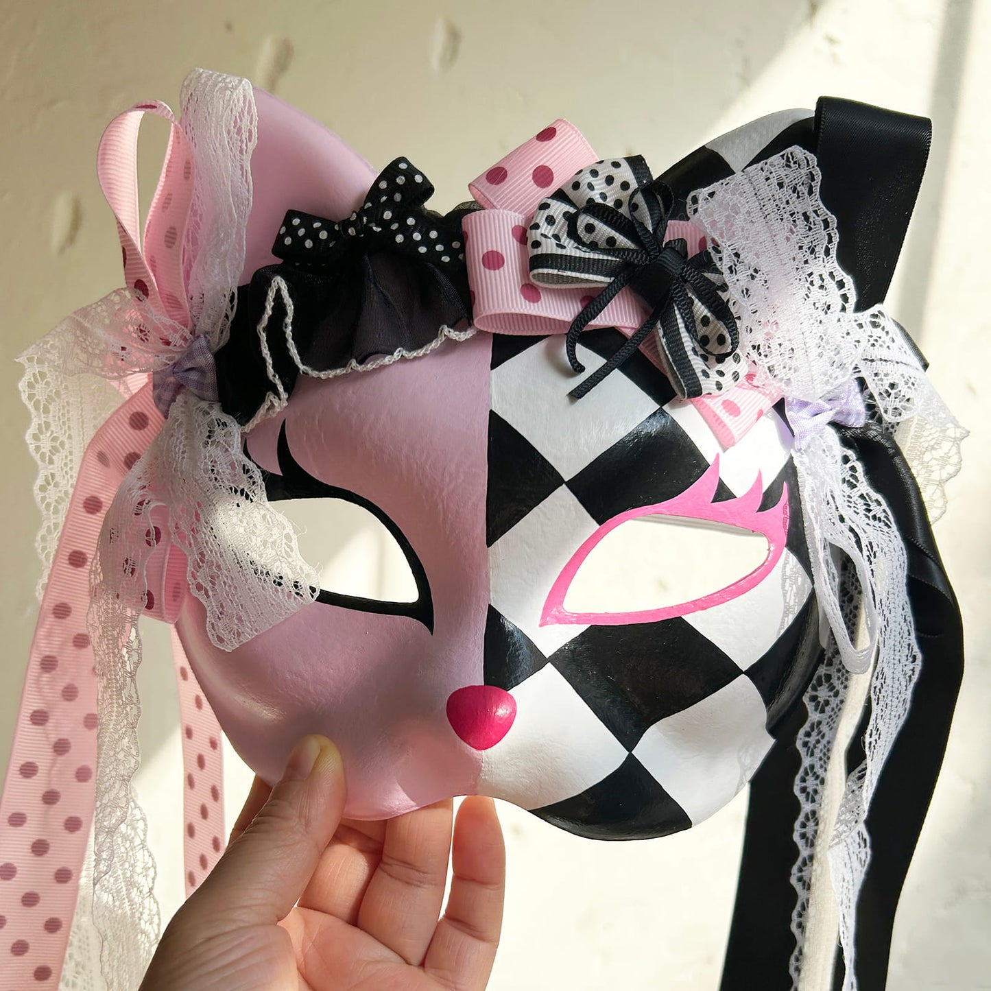 Original design handmade  Pink Checkered cat mask  kabuki 01