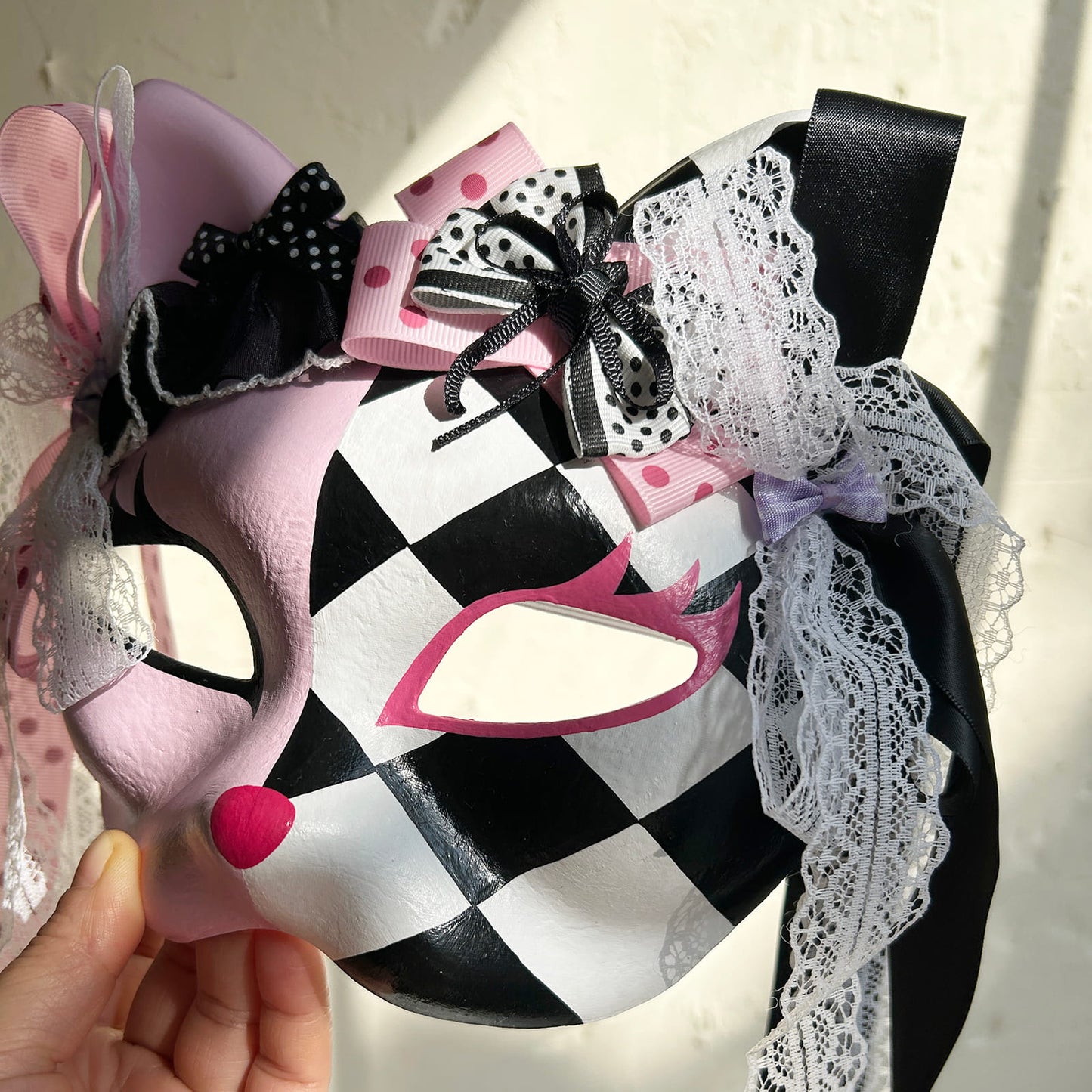 Original design handmade  Pink Checkered cat mask  kabuki 01