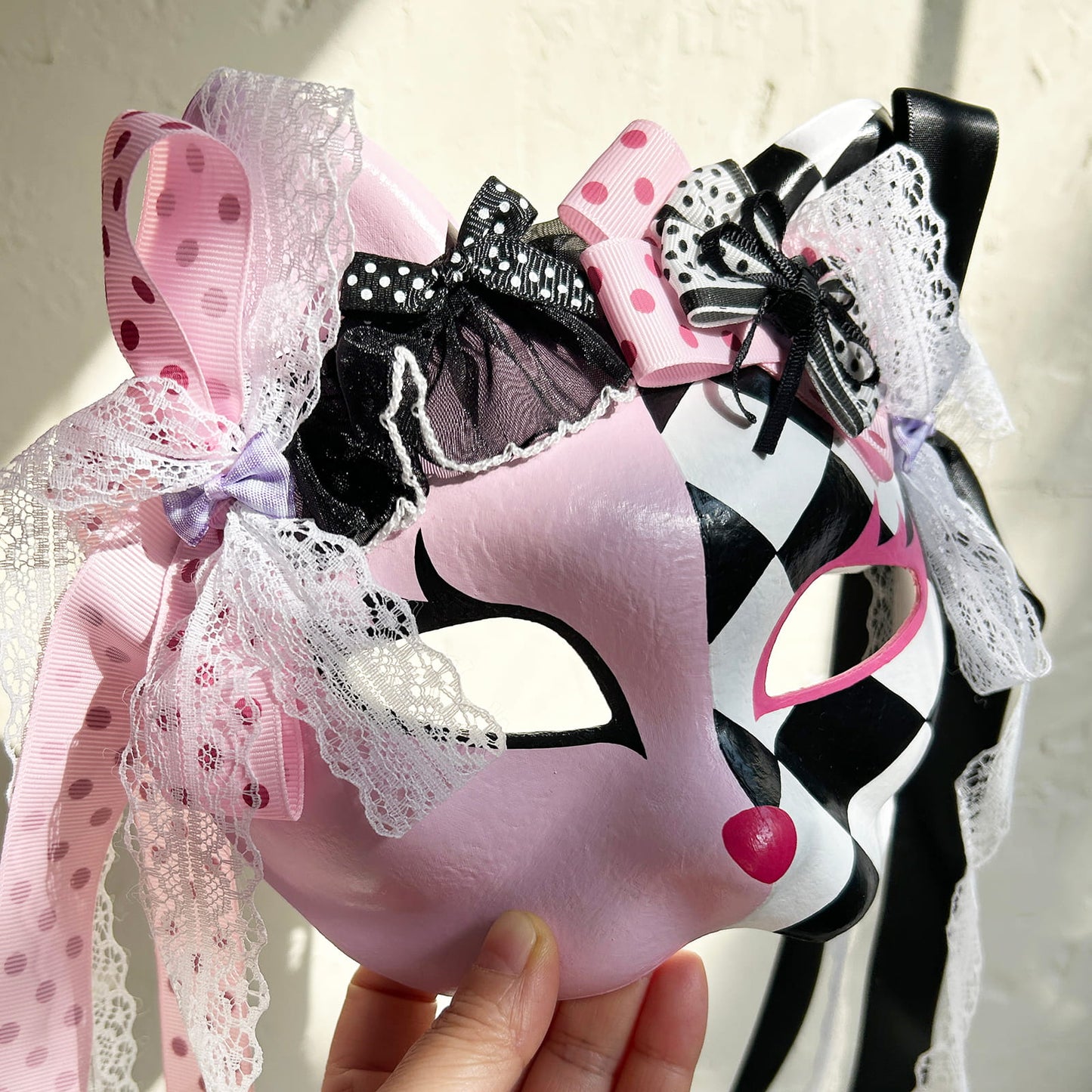 Original design handmade  Pink Checkered cat mask  kabuki 01