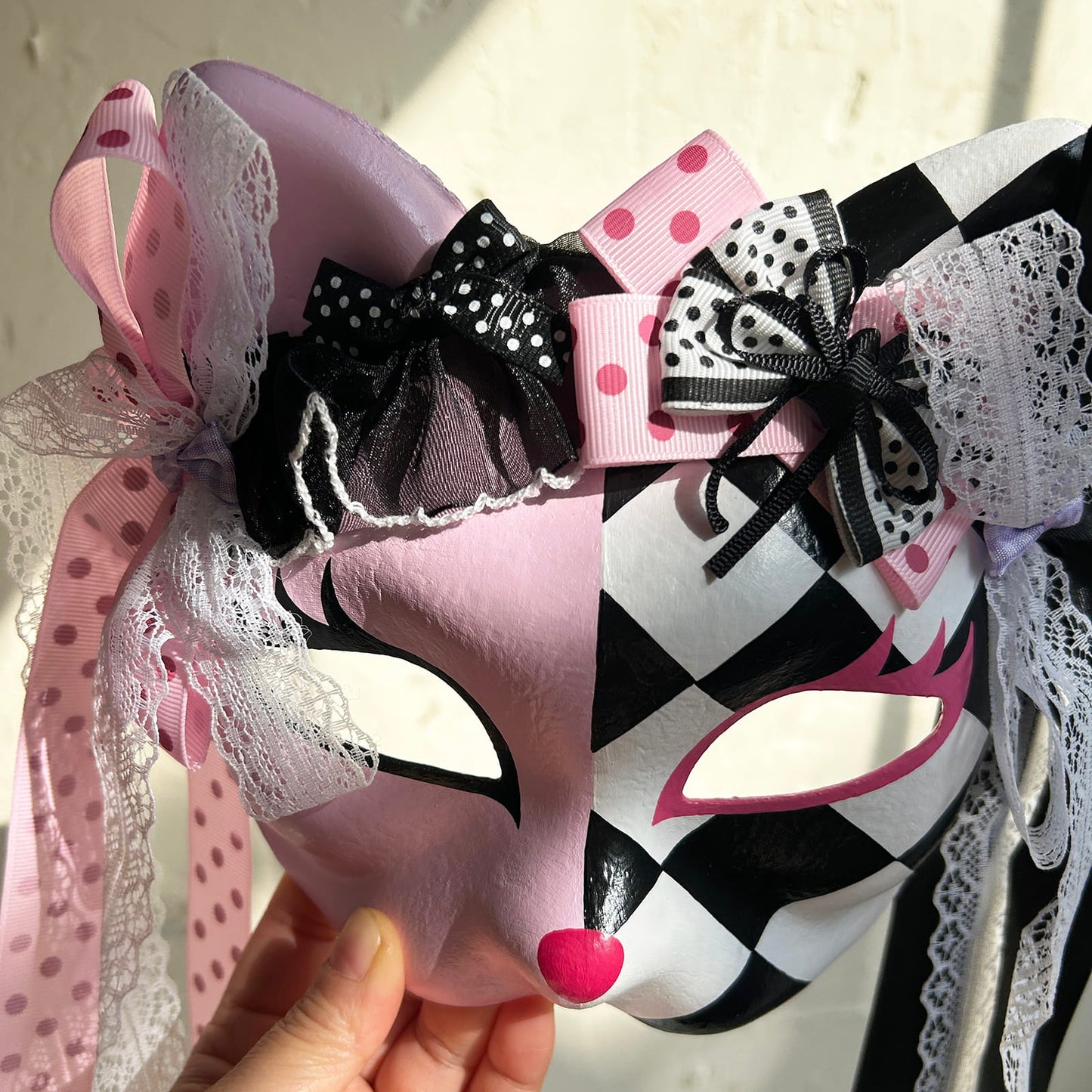 Original design handmade  Pink Checkered cat mask  kabuki 01