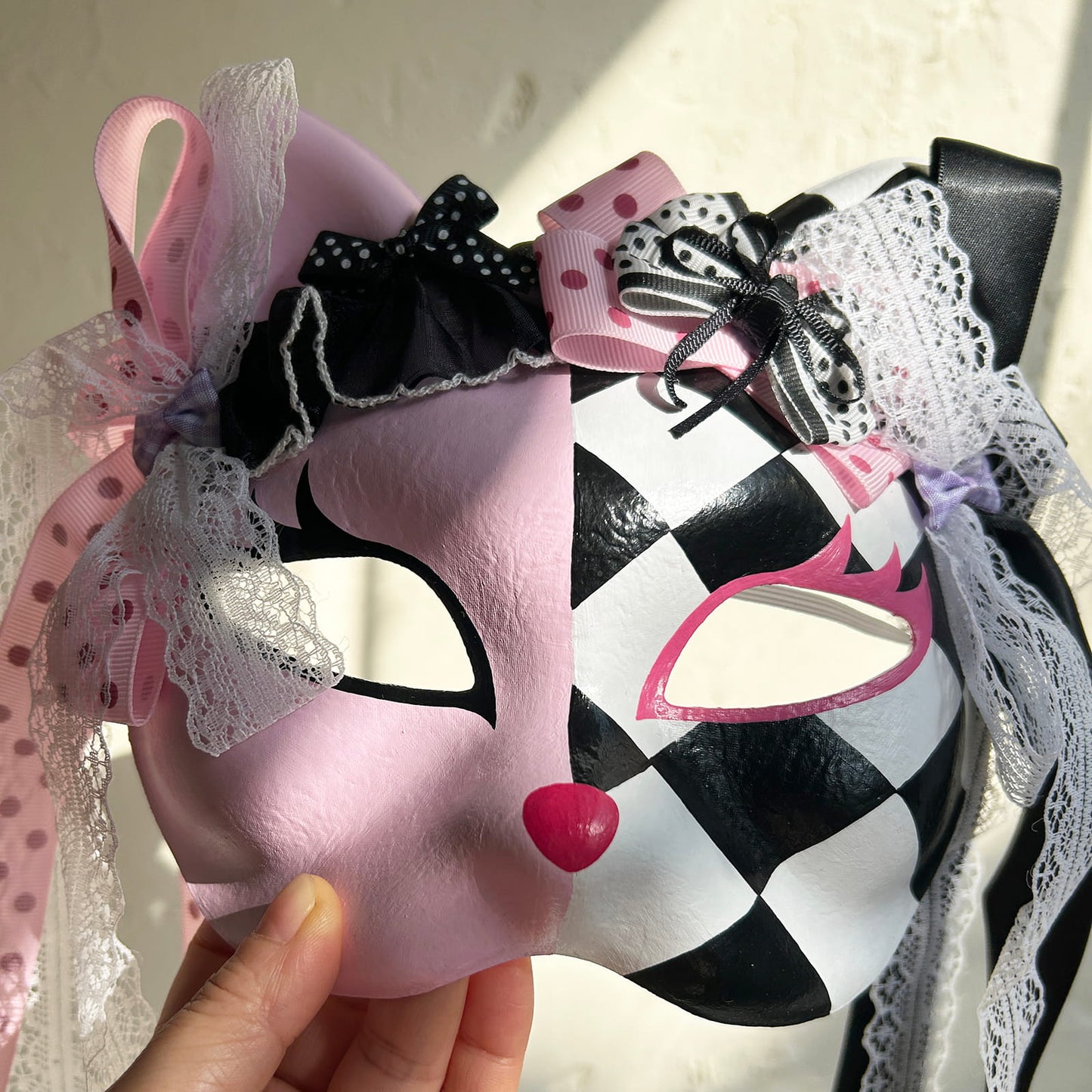 Original design handmade  Pink Checkered cat mask  kabuki 01