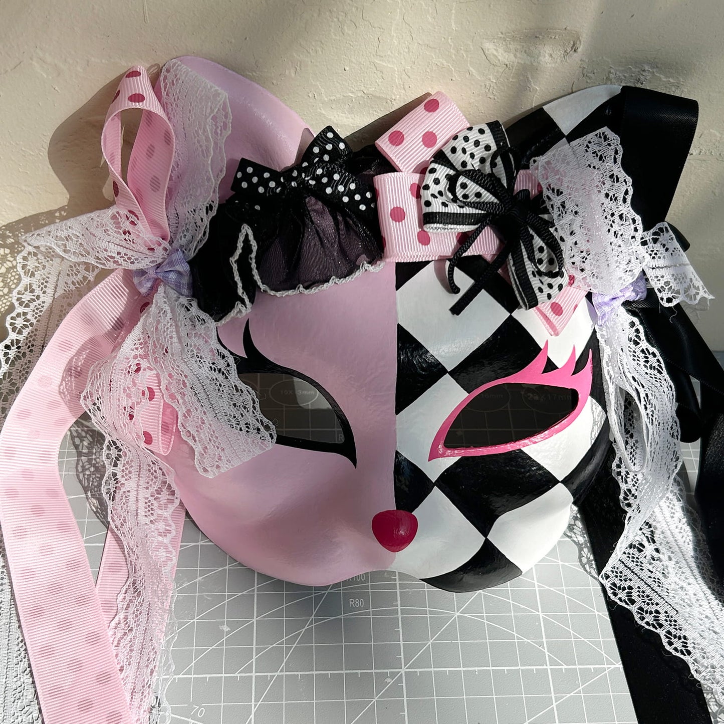 Original design handmade  Pink Checkered cat mask  kabuki 01