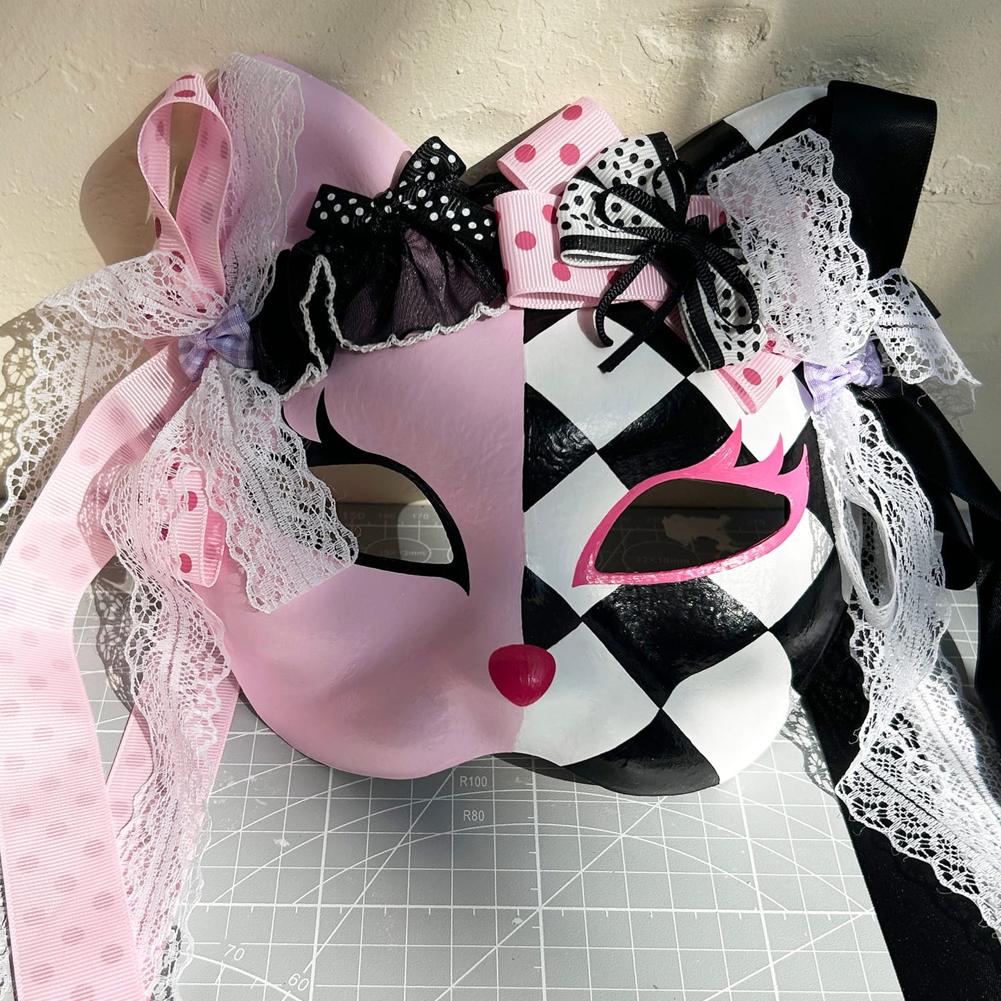Original design handmade  Pink Checkered cat mask  kabuki 01