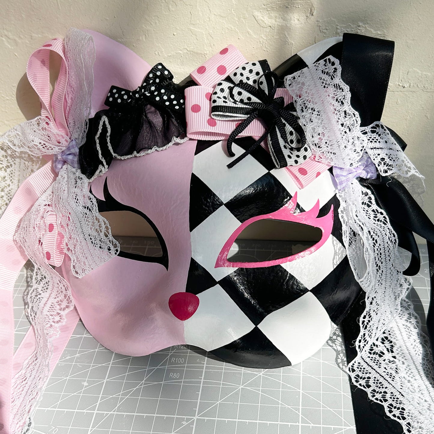 Original design handmade  Pink Checkered cat mask  kabuki 01