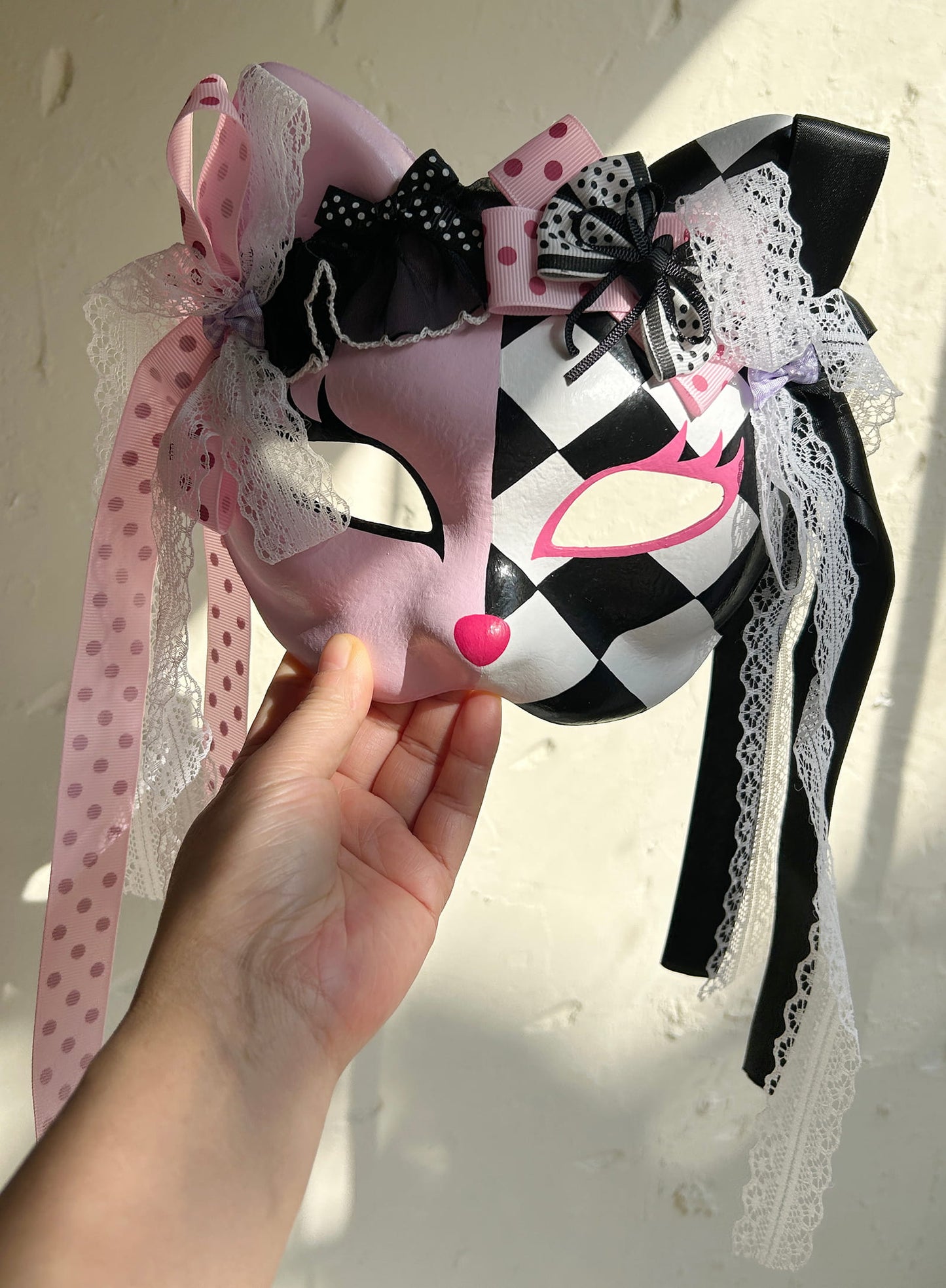 Original design handmade  Pink Checkered cat mask  kabuki 01