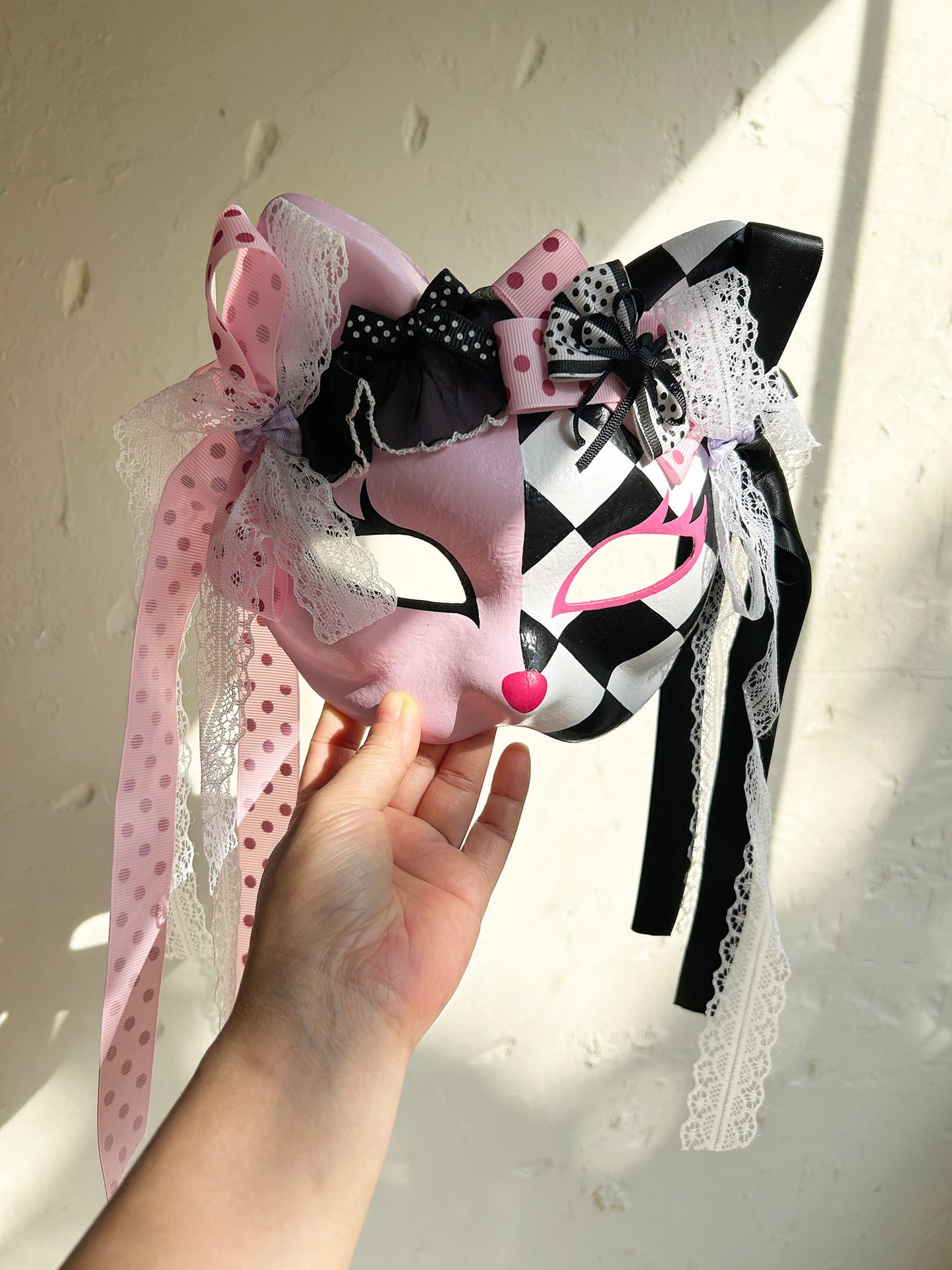 Original design handmade  Pink Checkered cat mask  kabuki 01