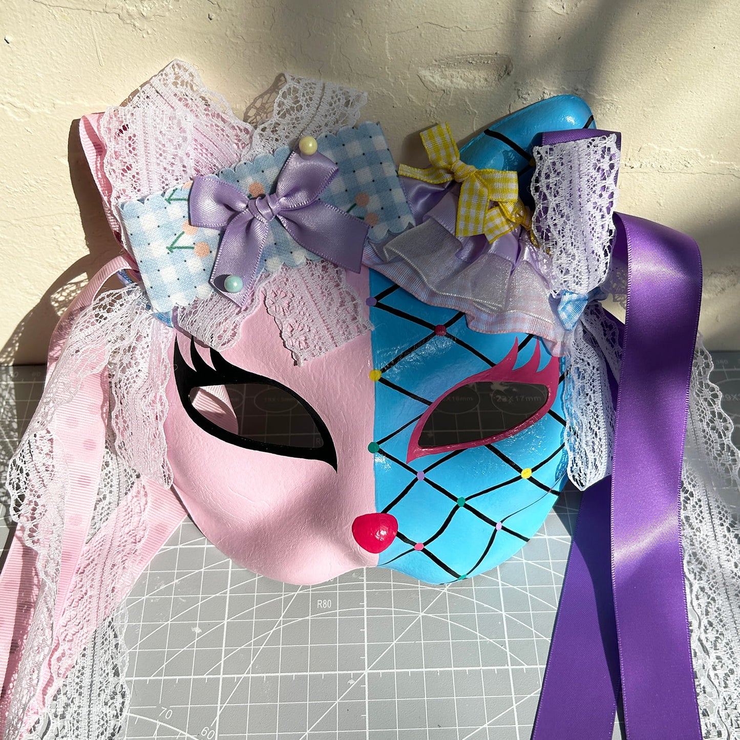 Original design handmade  blue Check cat mask  kabuki 01
