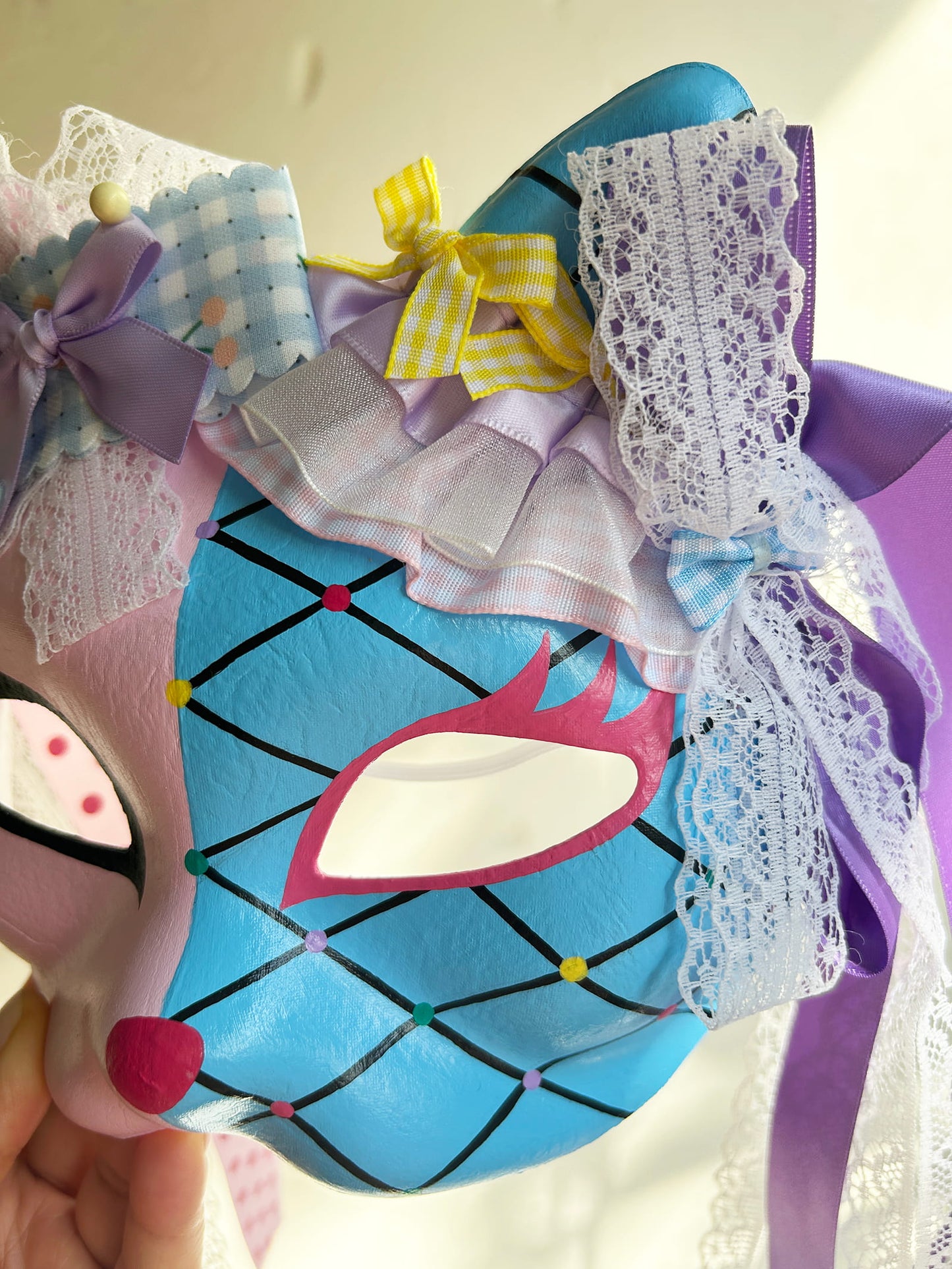 Original design handmade  blue Check cat mask  kabuki 01