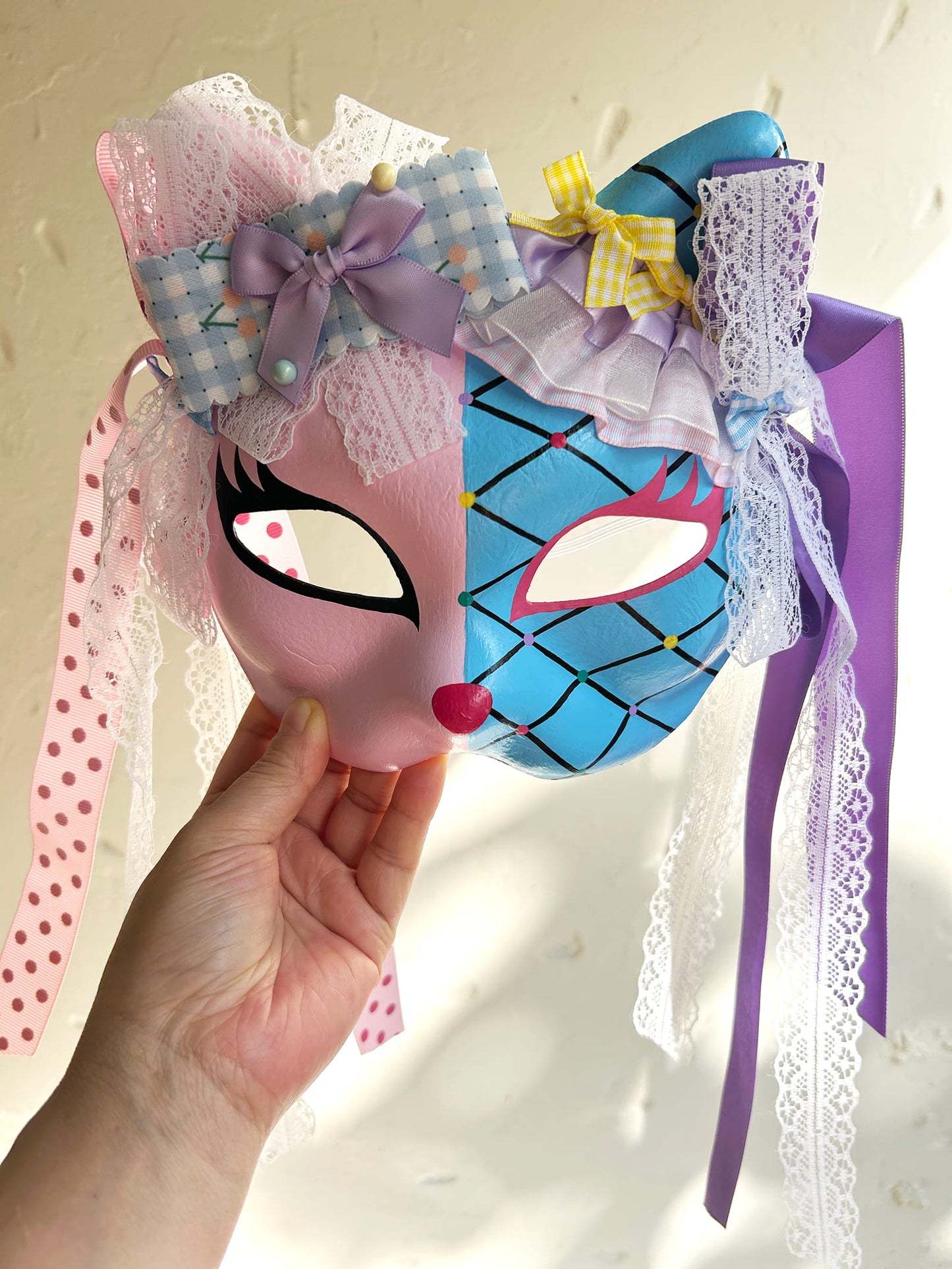 Original design handmade  blue Check cat mask  kabuki 01