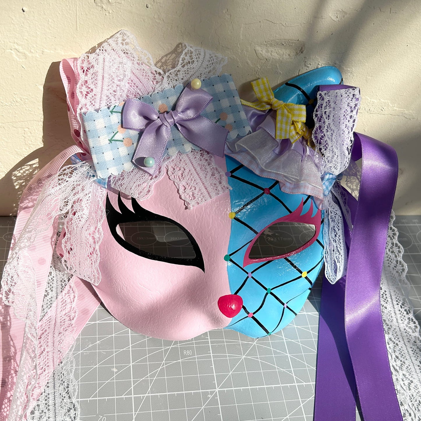 Original design handmade  blue Check cat mask  kabuki 01