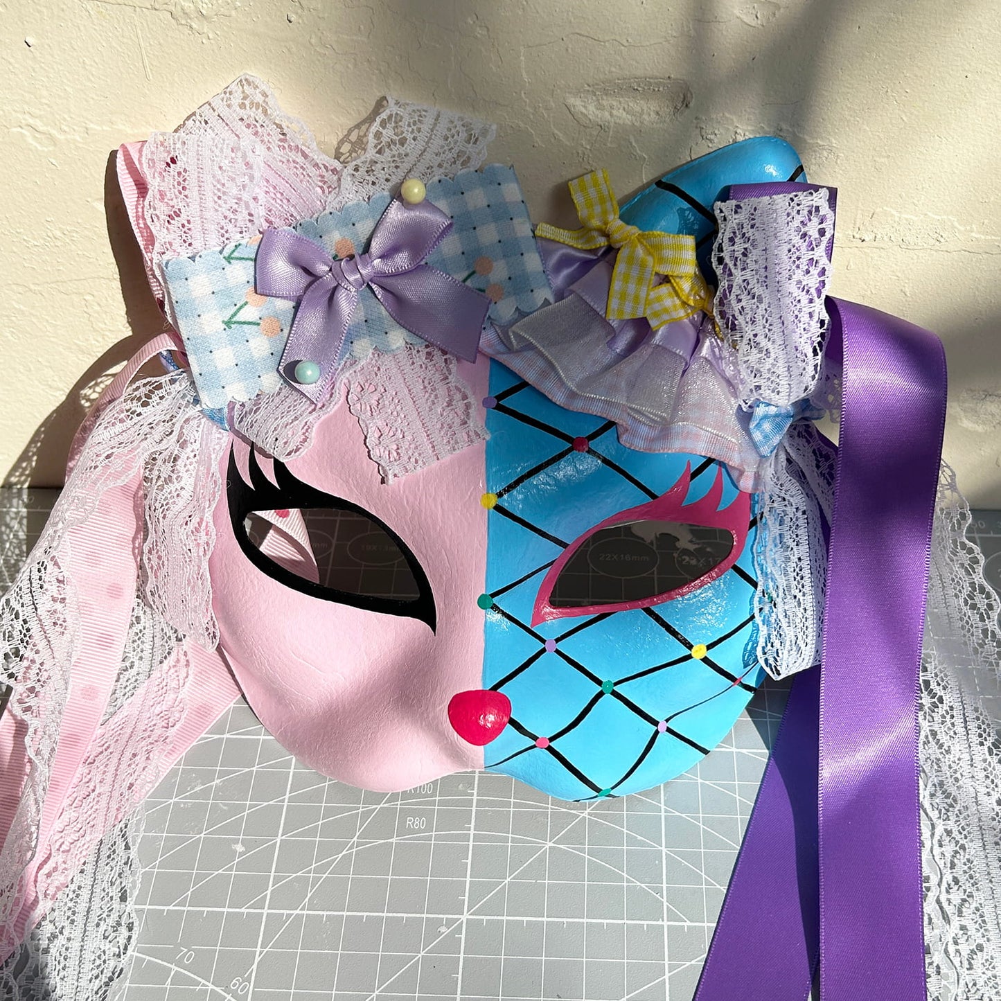 Original design handmade  blue Check cat mask  kabuki 01