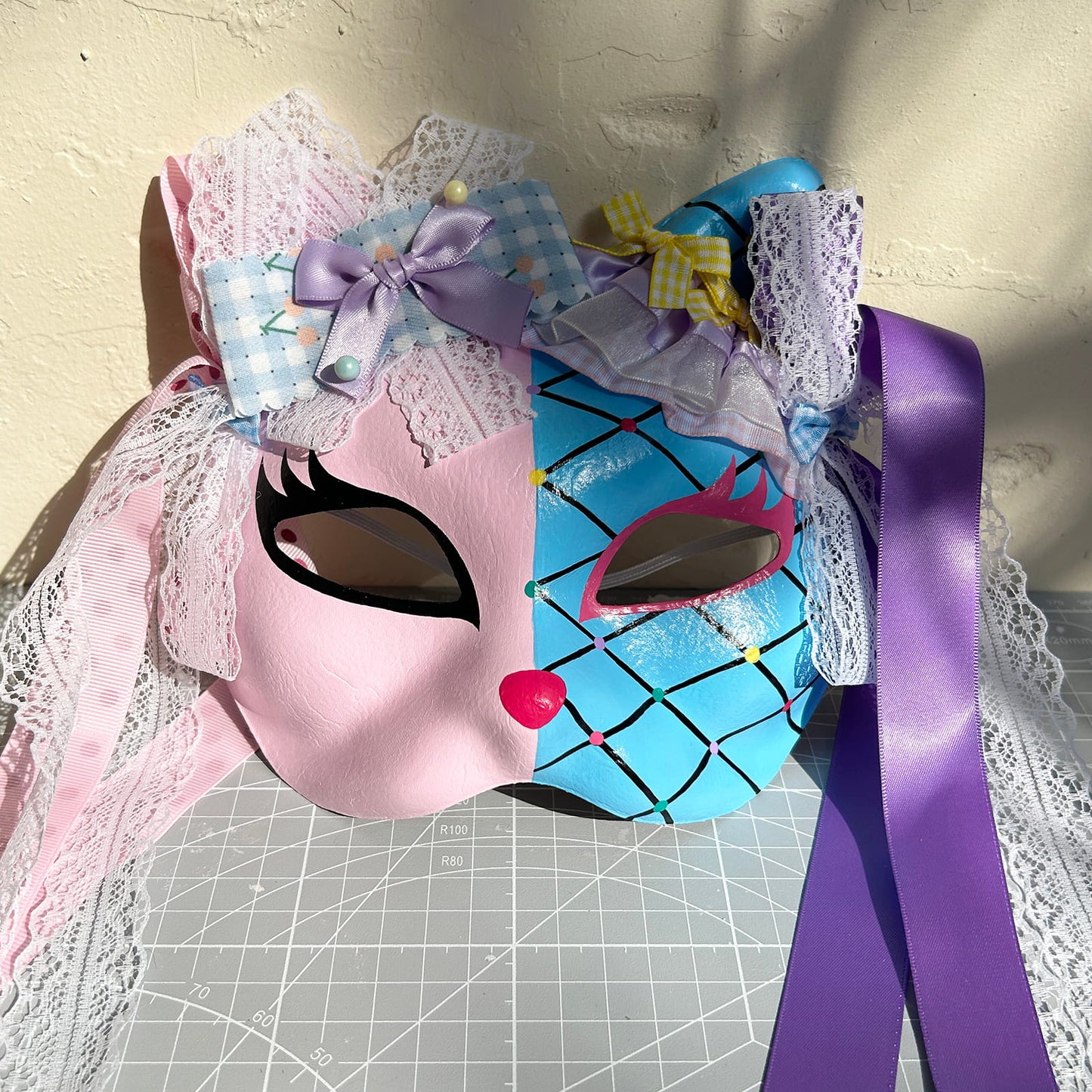 Original design handmade  blue Check cat mask  kabuki 01