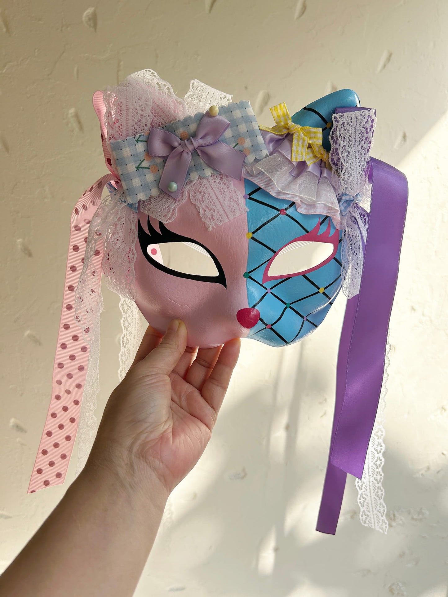 Original design handmade  blue Check cat mask  kabuki 01