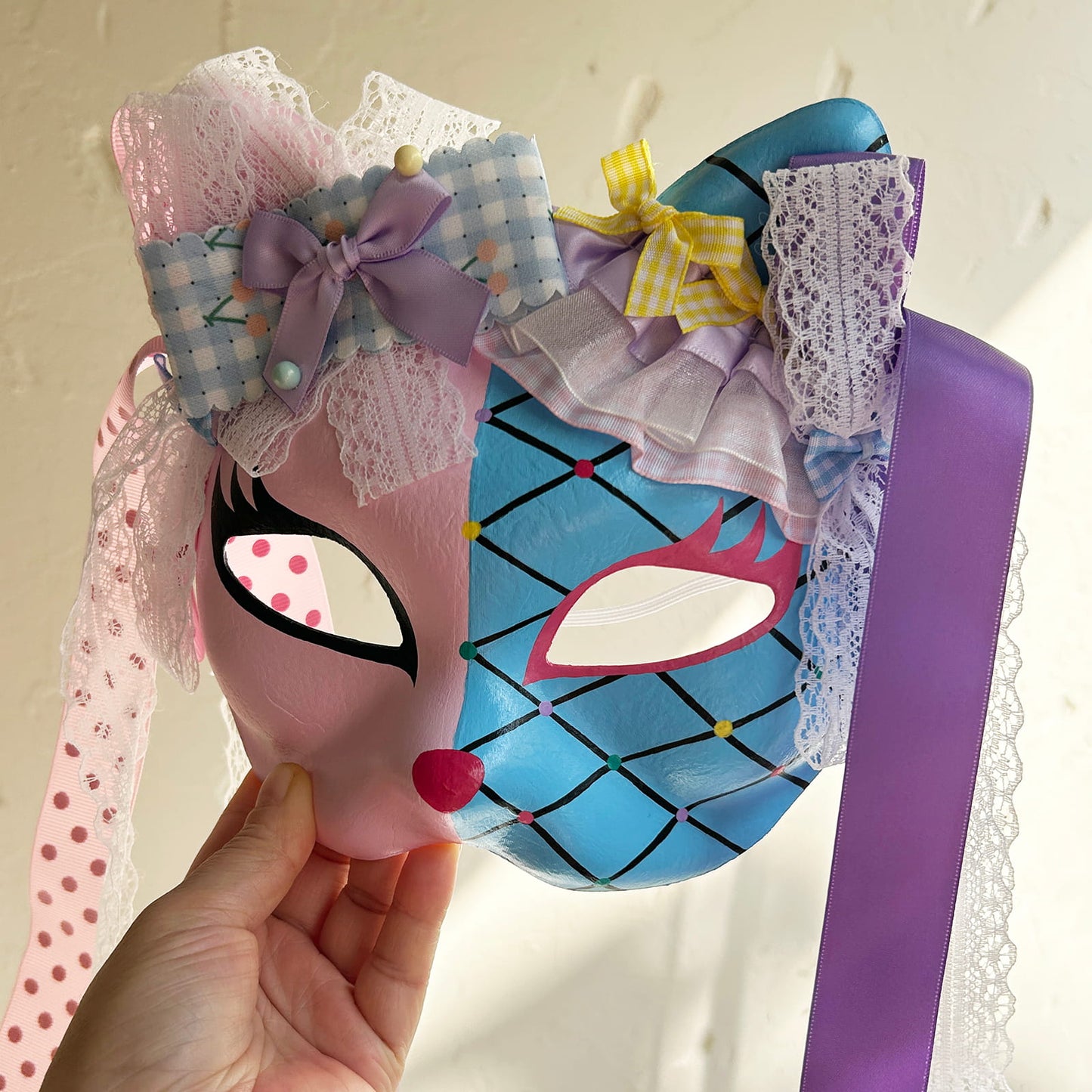 Original design handmade  blue Check cat mask  kabuki 01