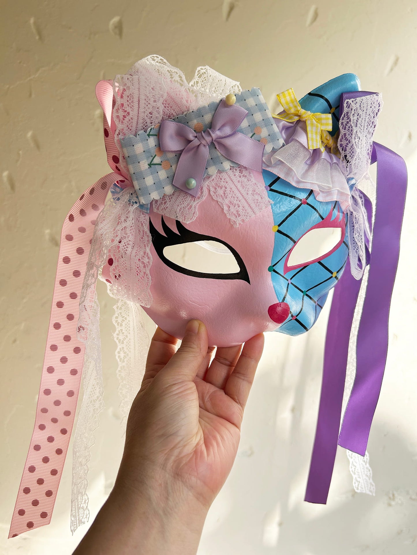 Original design handmade  blue Check cat mask  kabuki 01