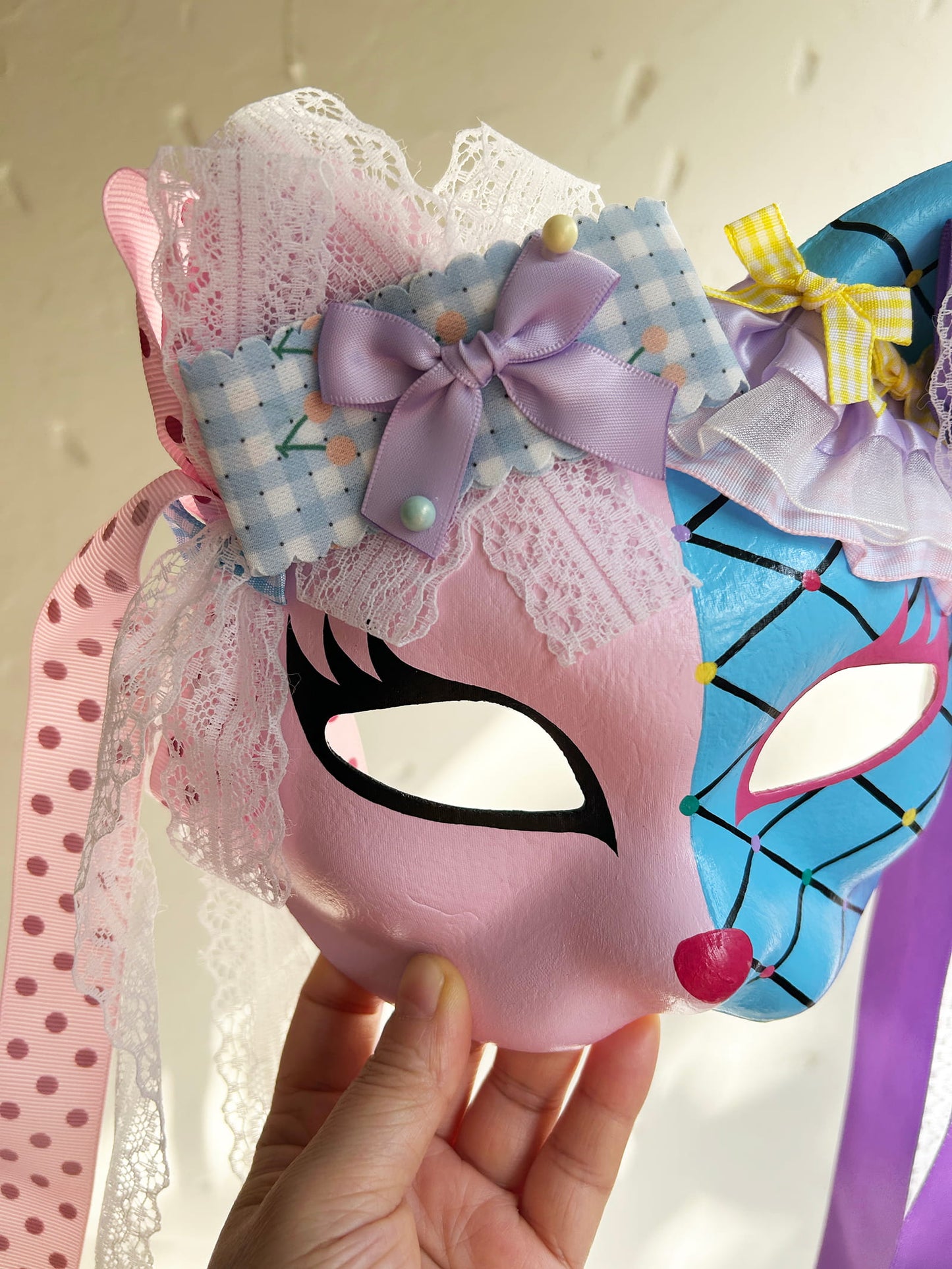 Original design handmade  blue Check cat mask  kabuki 01