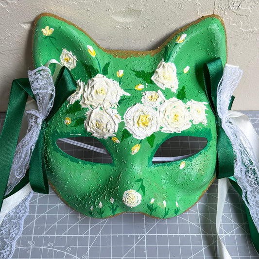 Original hand-painted beautiful cat mask with spring blossoms, Masquerade Kabuki 01